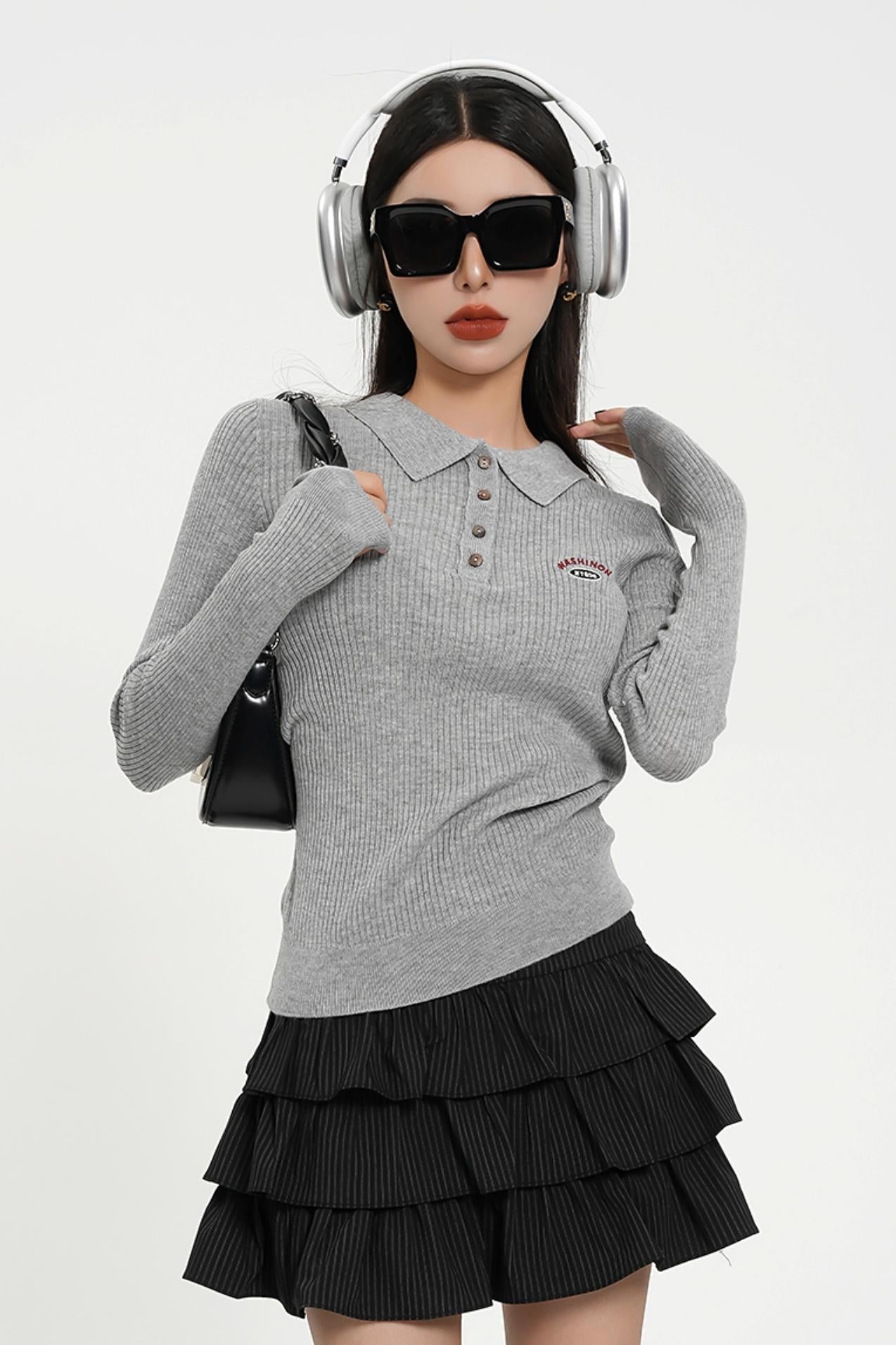 Long Sleeve Henley Sweater - Ribbed Knit Pullover with Embroidered Detail