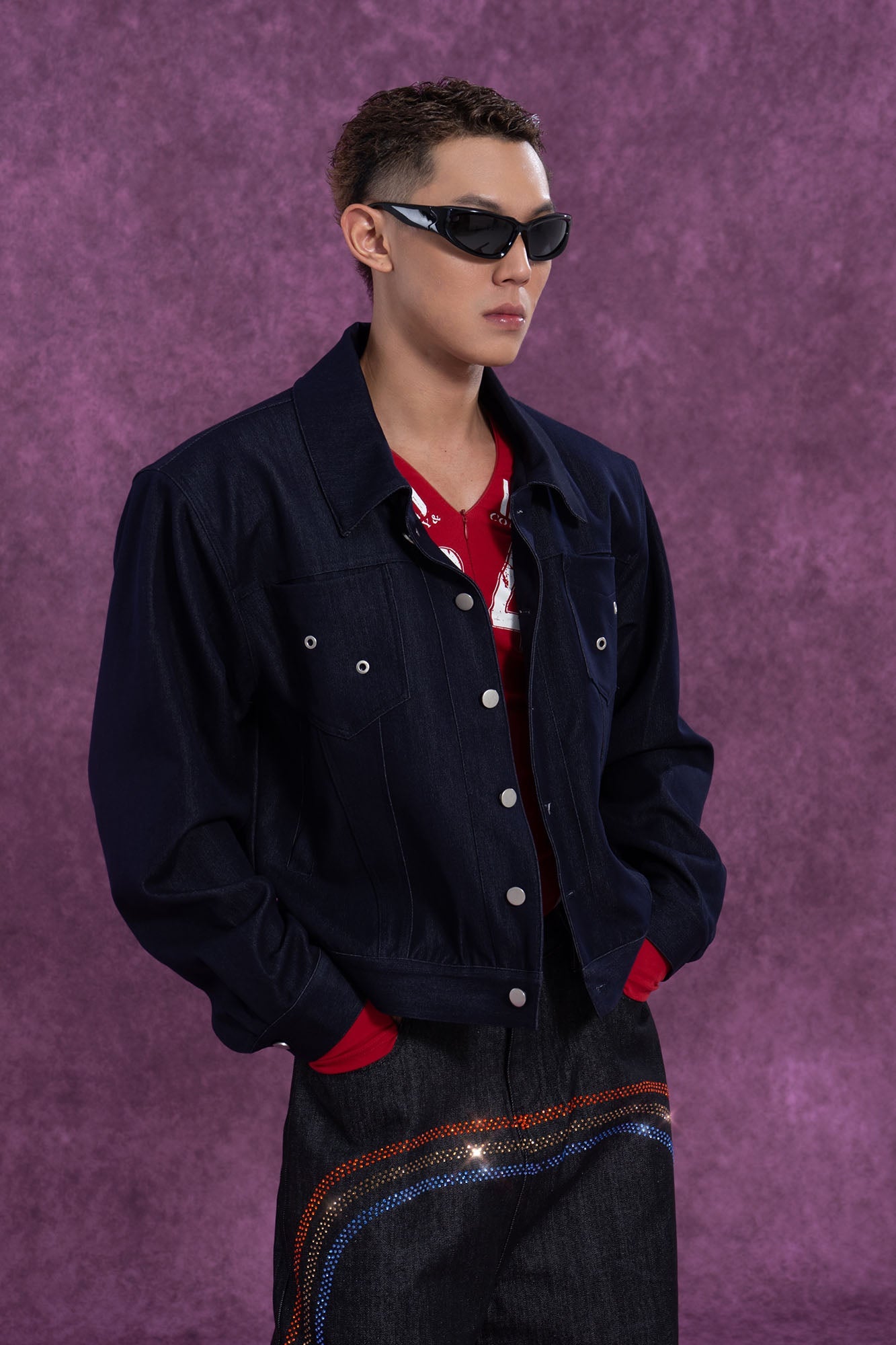 Classic Cropped Shoulder Padding  Dark Denim Jacket