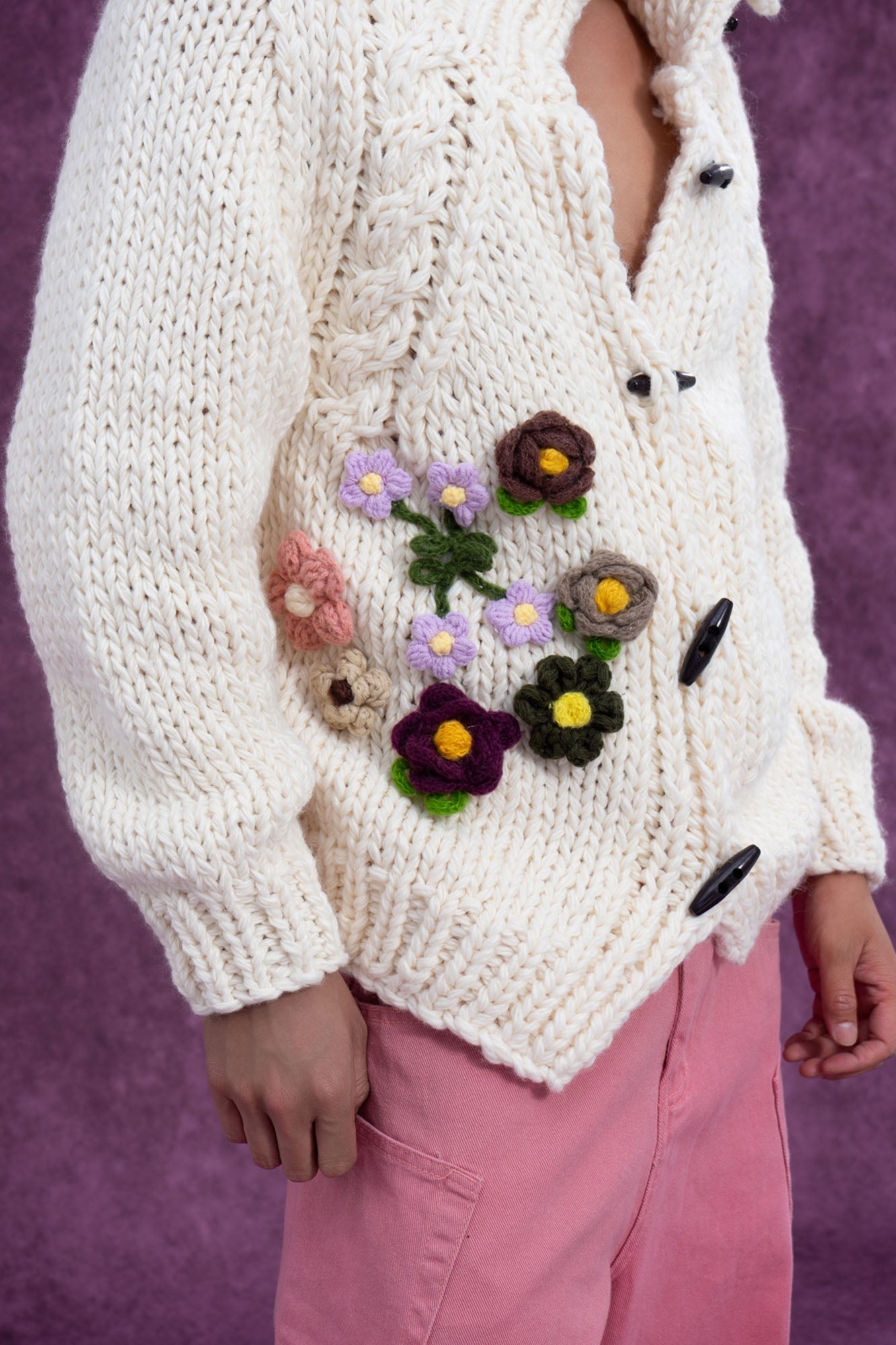 Chunky Knit Cardigan with Crocheted Flowers