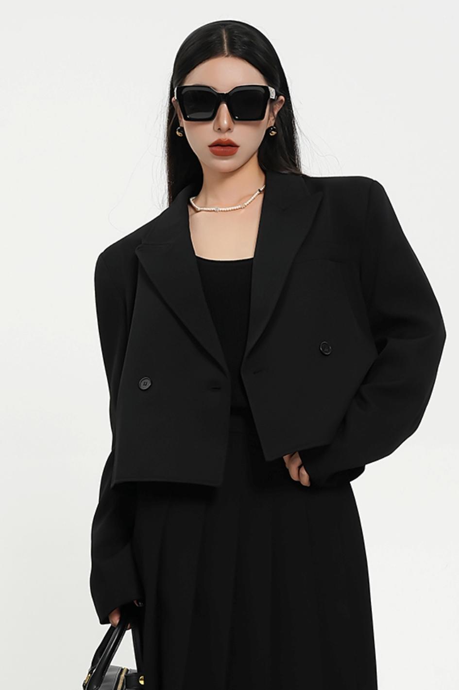 Olive Green Oversized Blazer - Double-Breasted Cropped Suit Jacket