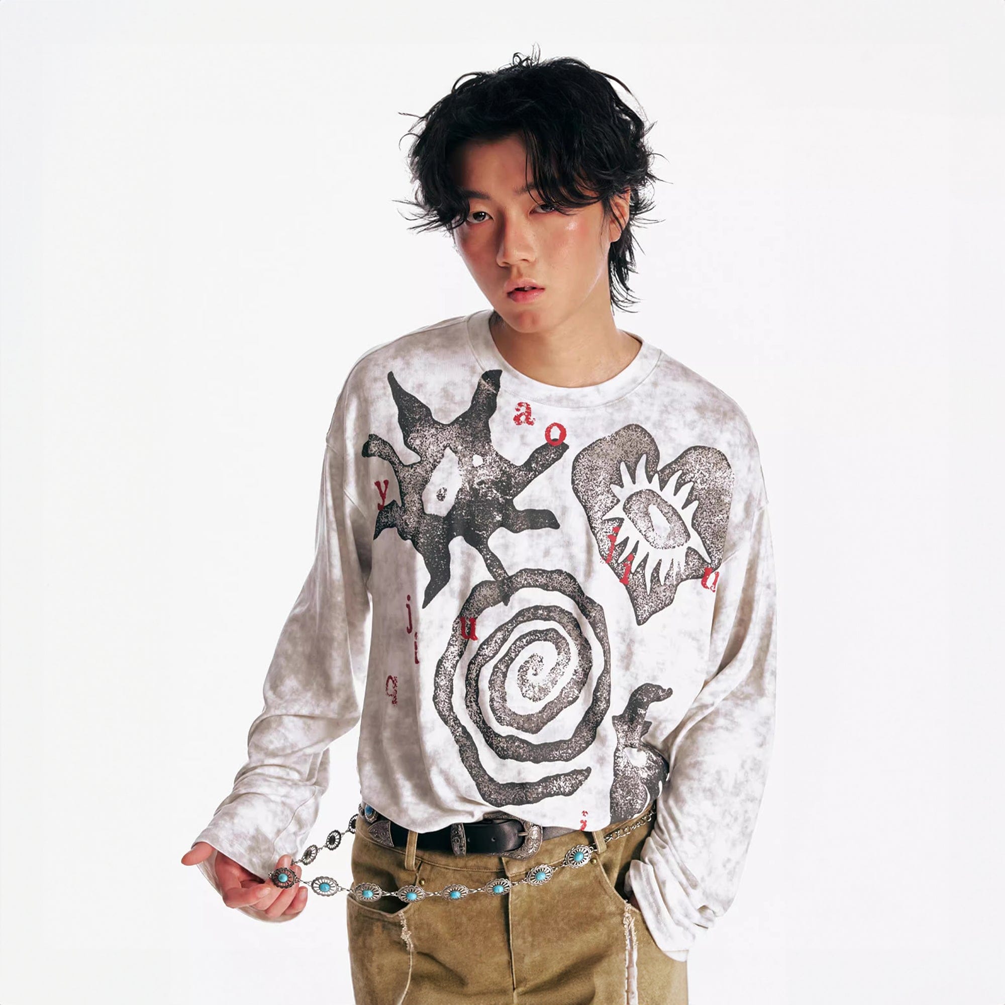Tribal Graphic Distressed Long Sleeve Tee