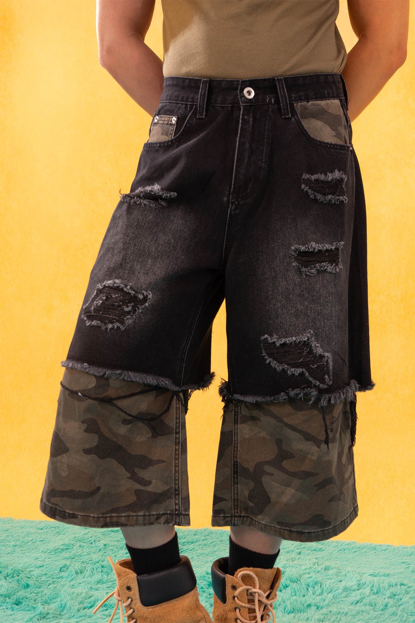 Camo Patchwork Distressed Denim Shorts