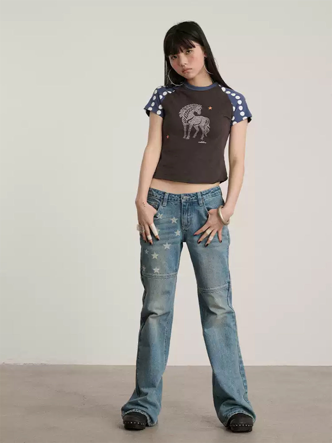 Star Panel Low-Waist Flare Jeans