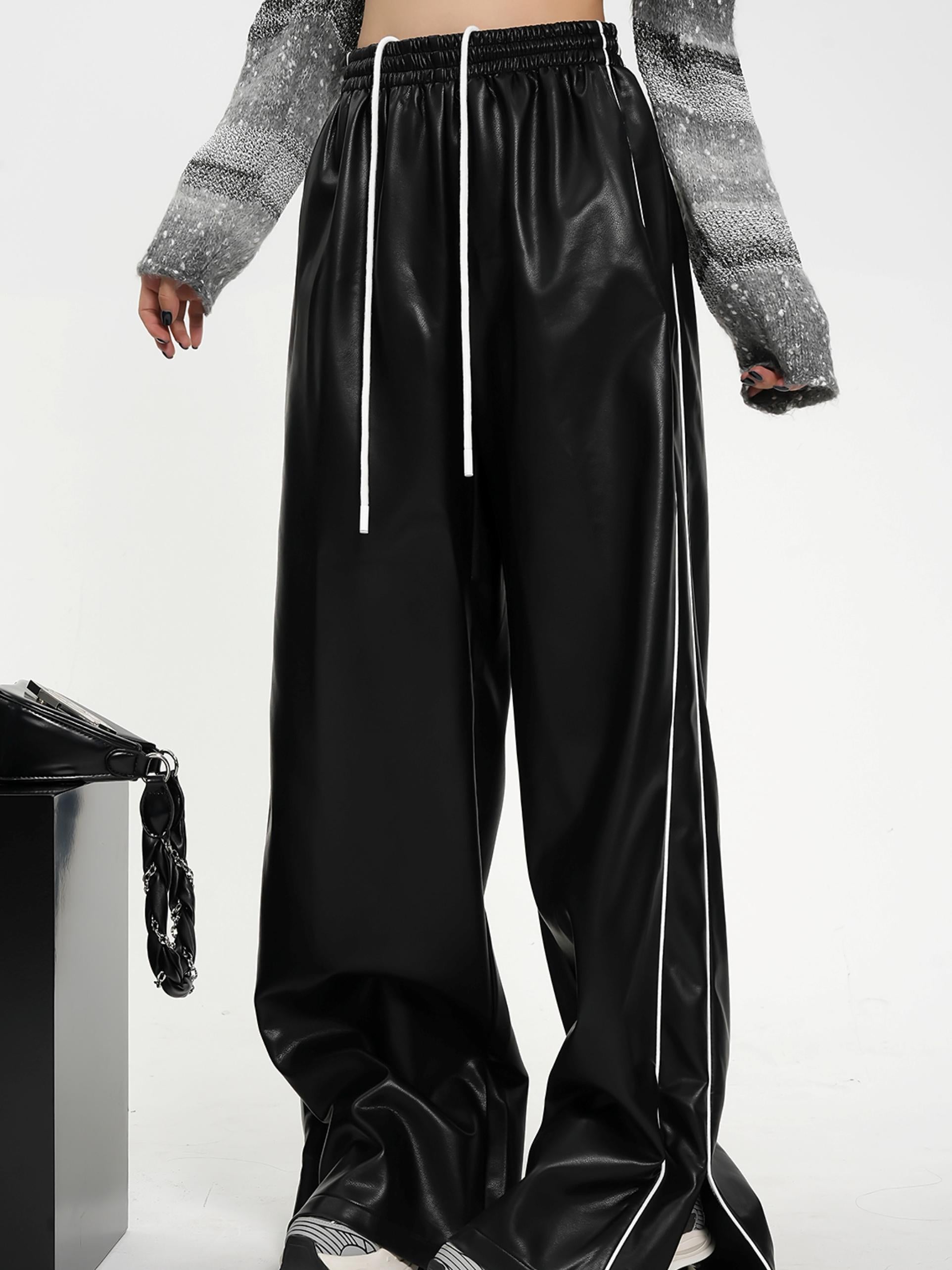 Luxe Satin-Look Drawstring Pants - Wide Leg Striped Track Bottoms