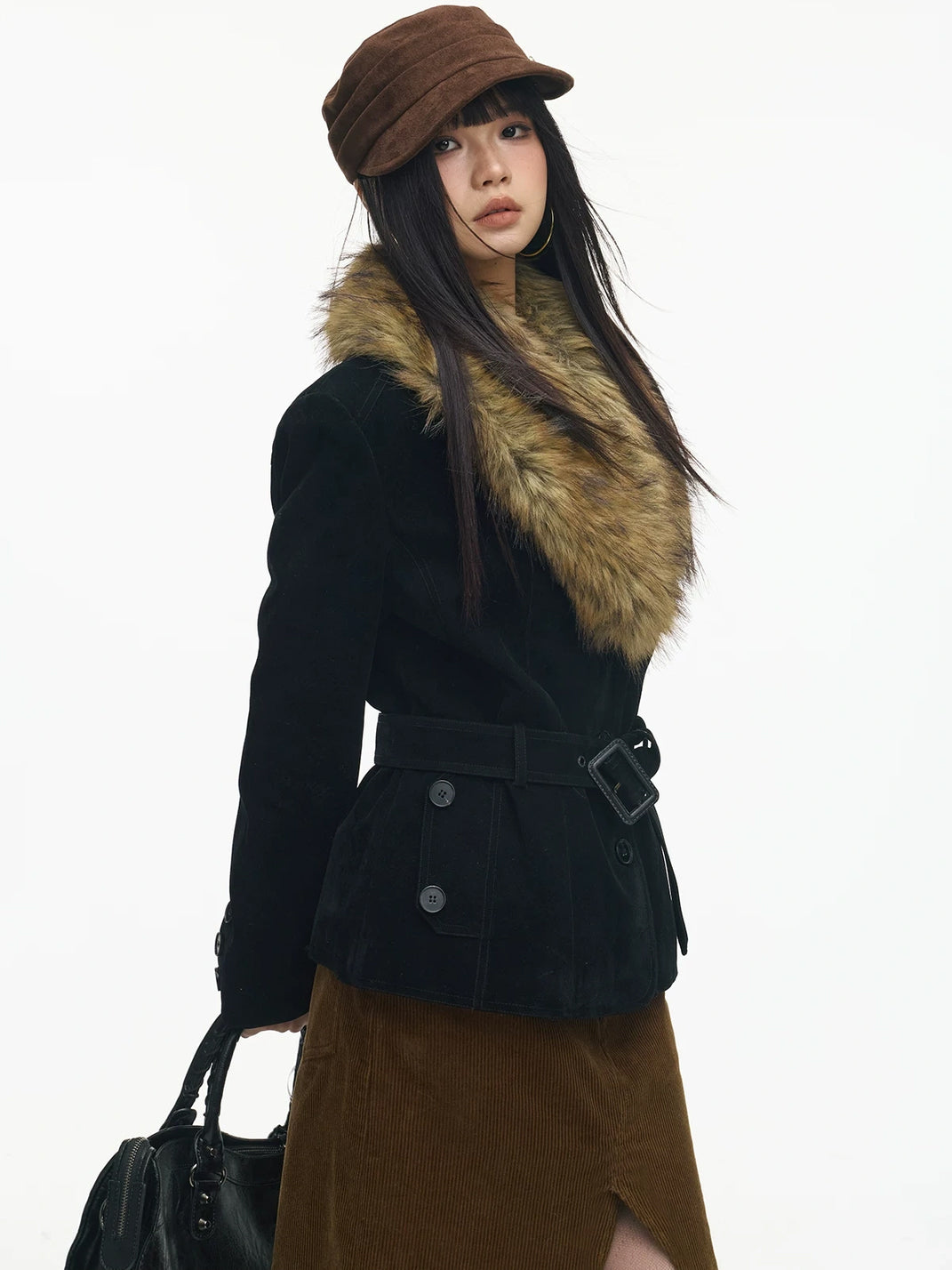 Black Cinched Jacket with Statement Faux-Fur Collar - view 2