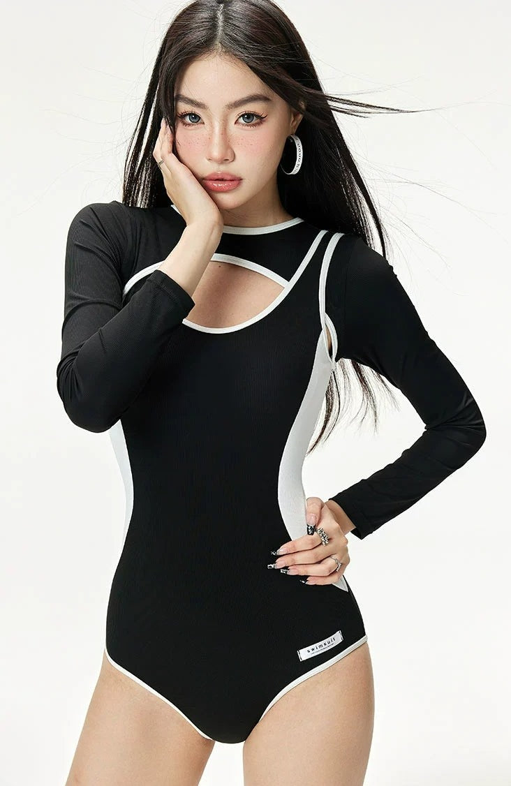 Black White Long Sleeve Swimsuit