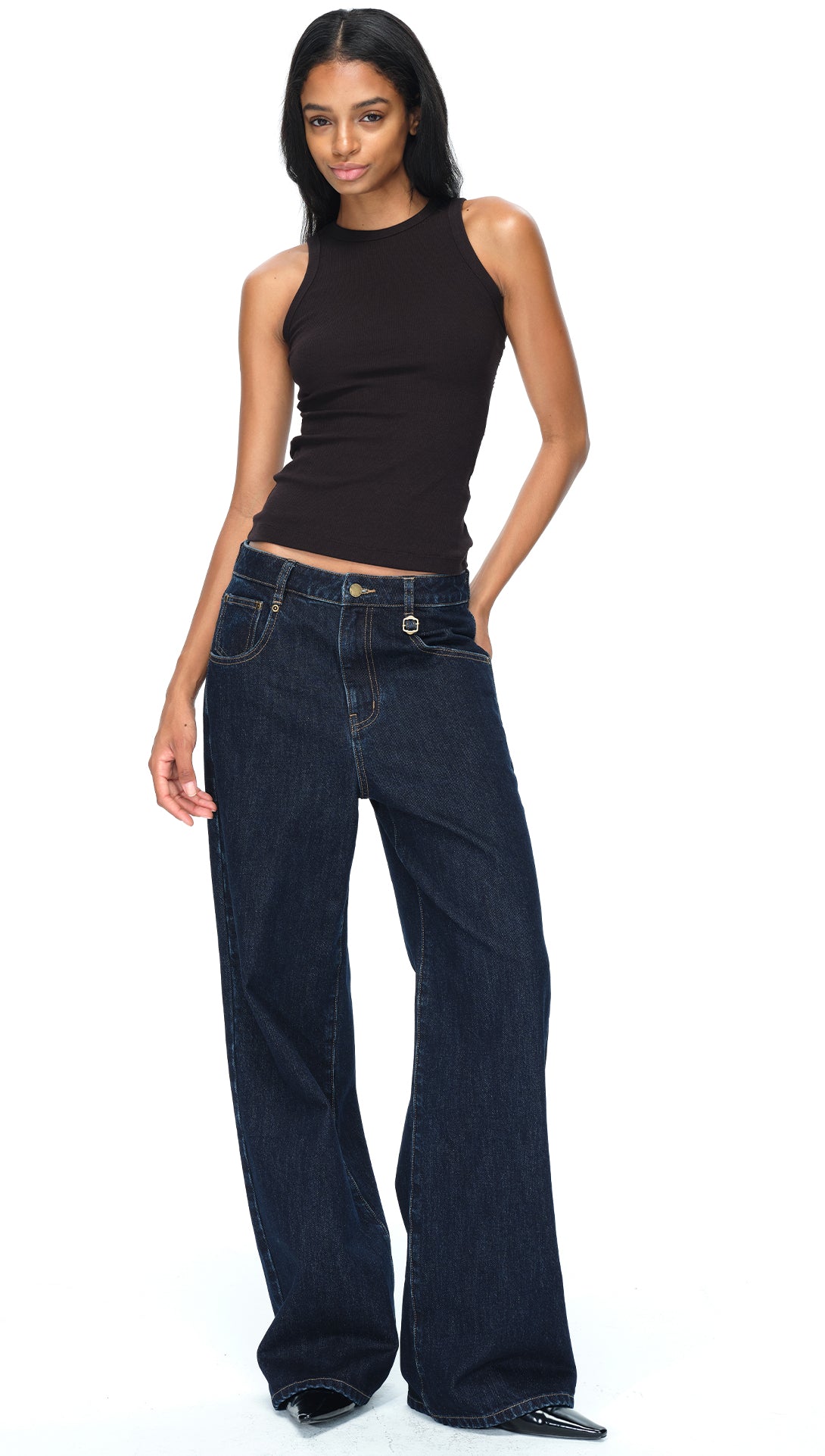 Dark Blue Raw Denim Wide-Leg Jeans