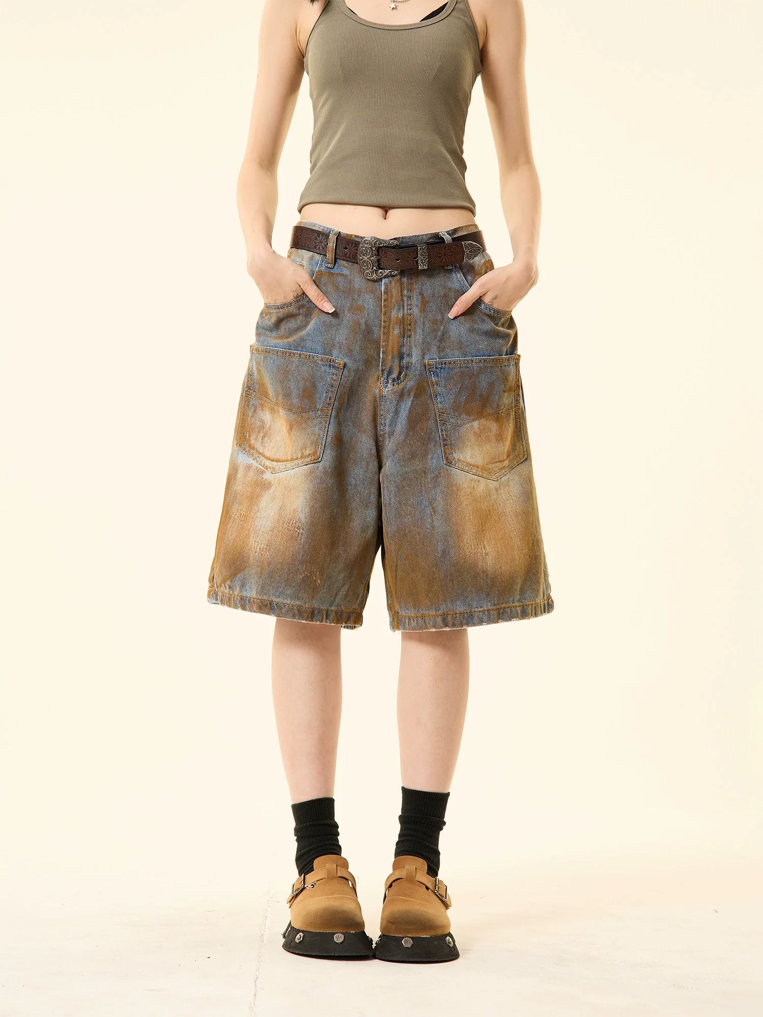 Vintage Distressed Denim Oversized Pocket Shorts