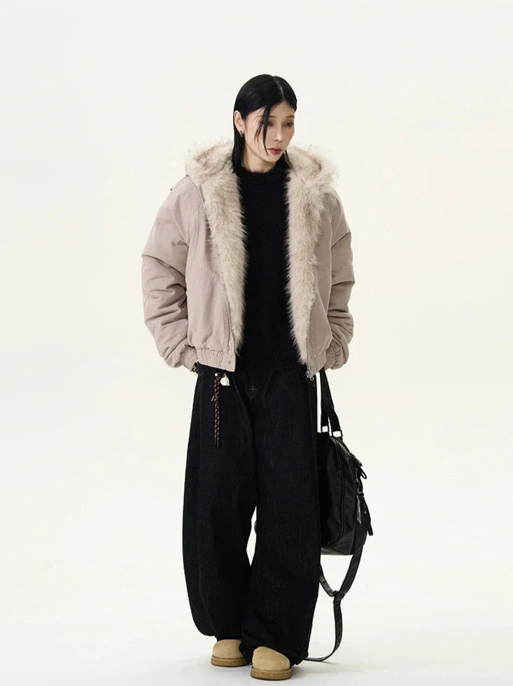 Fur-Trimmed Hooded Bomber Jacket