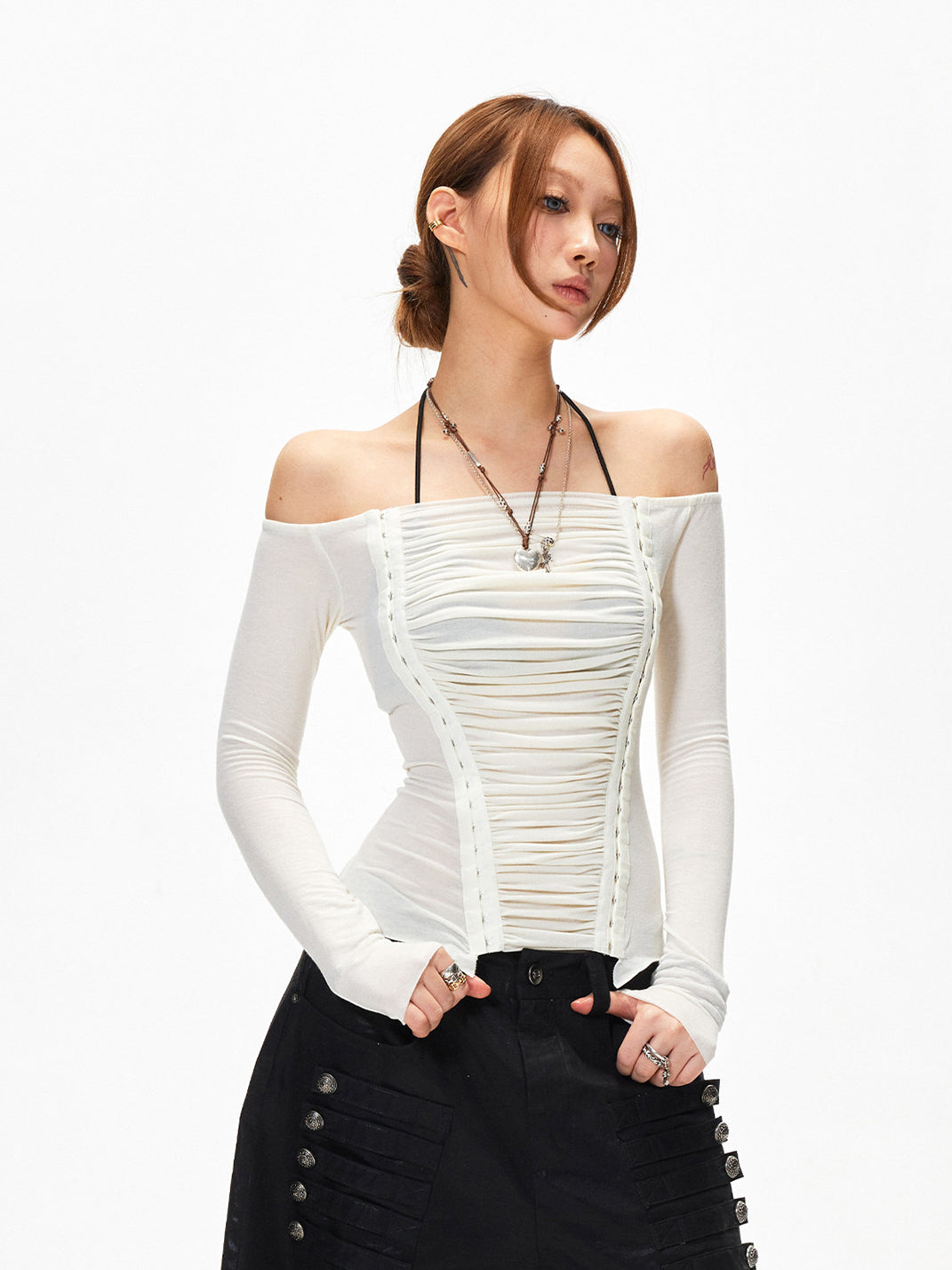 Draped Off-Shoulder Cashmere-Blend Top