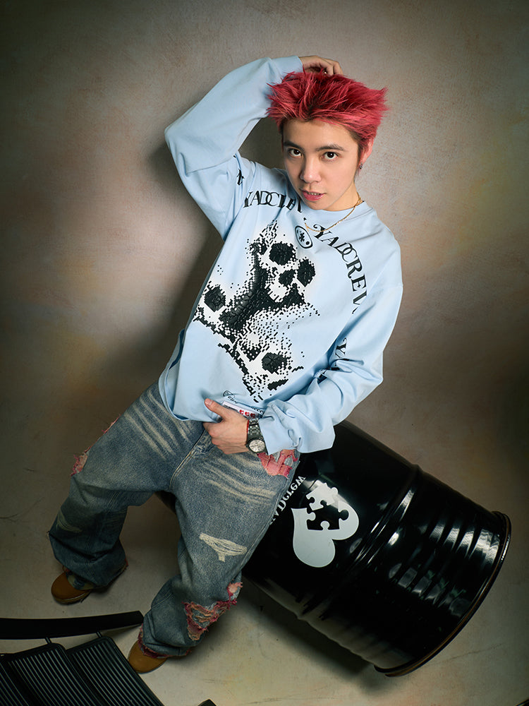 Edgy Skeleton Graphic Print Long Sleeve Tee - chiclara