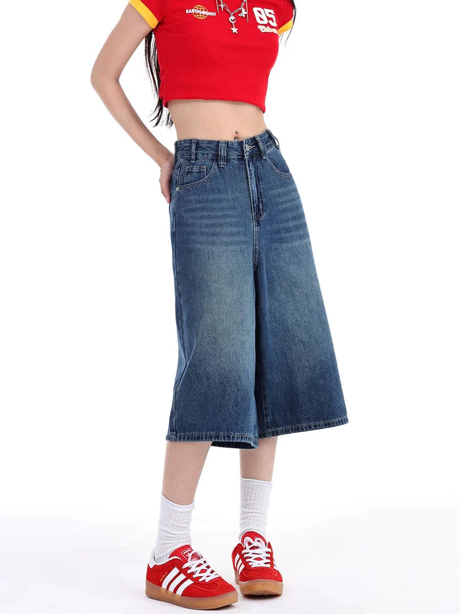 High Waist Denim Culotte Shorts