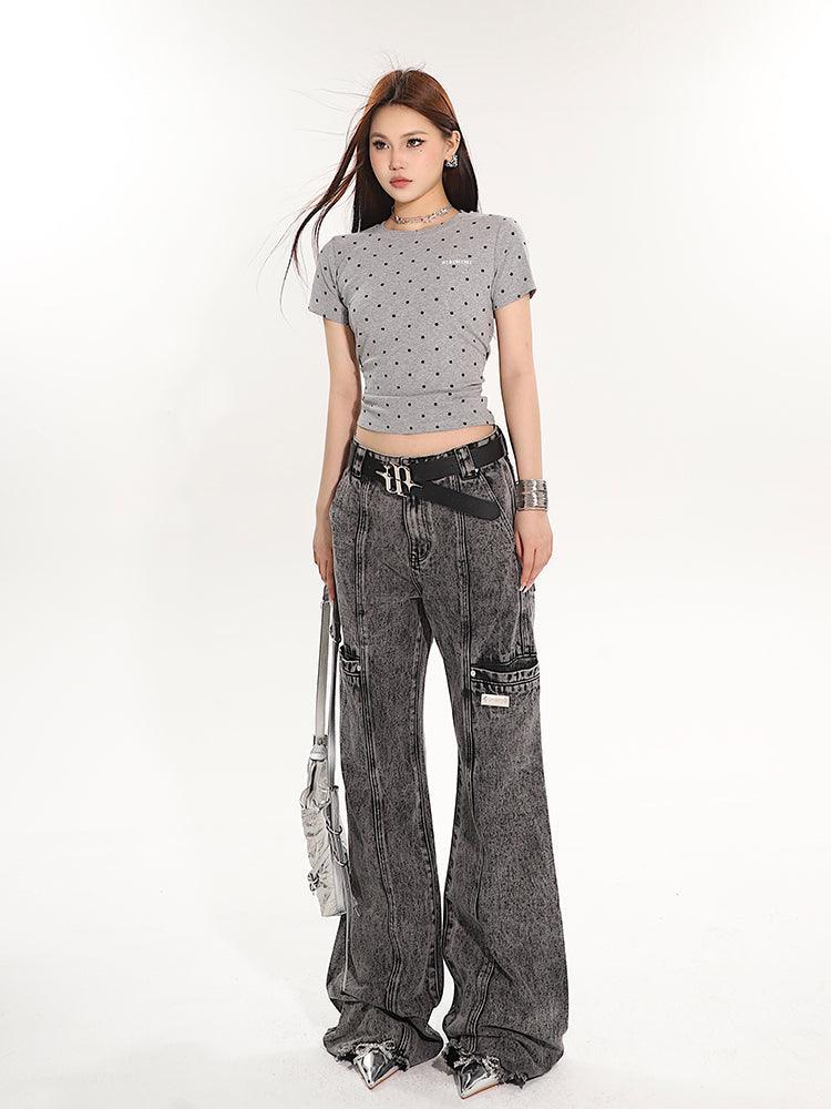 Full-Length Washed and Distressed Straight-Leg Jeans - chiclara