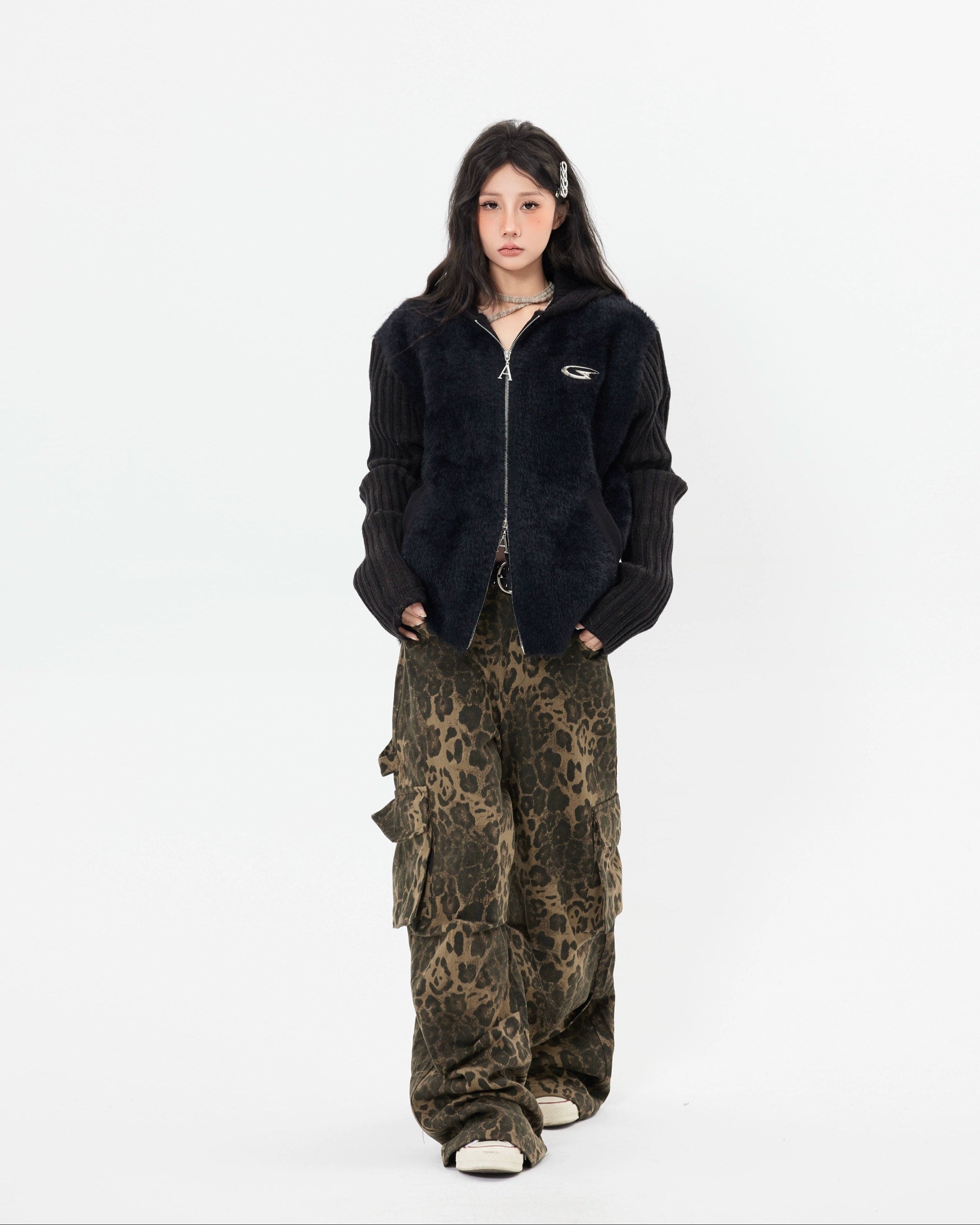 Double Sided Belt Leopard Print Wide Leg Cargo Pants