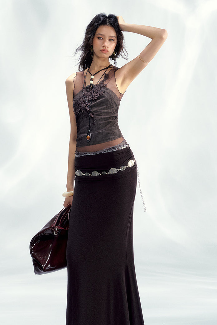 Brown Mesh Lace Sleeveless Blouse