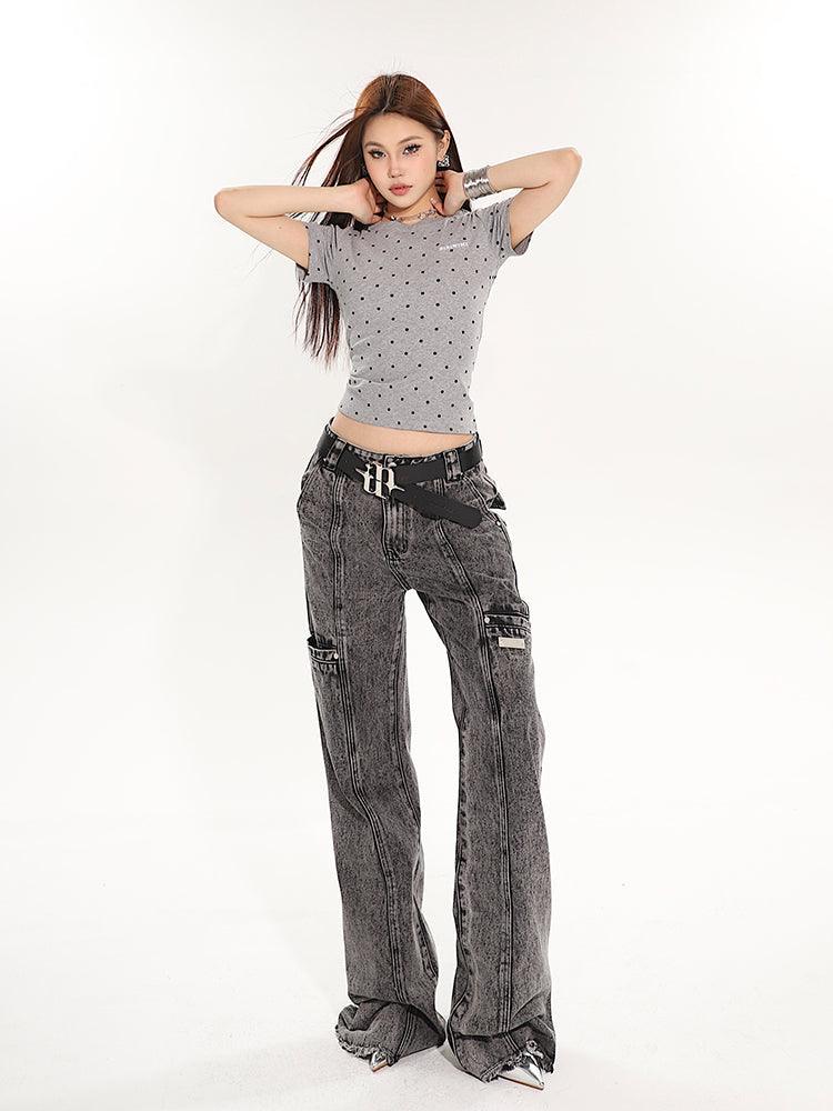 Full-Length Washed and Distressed Straight-Leg Jeans - chiclara