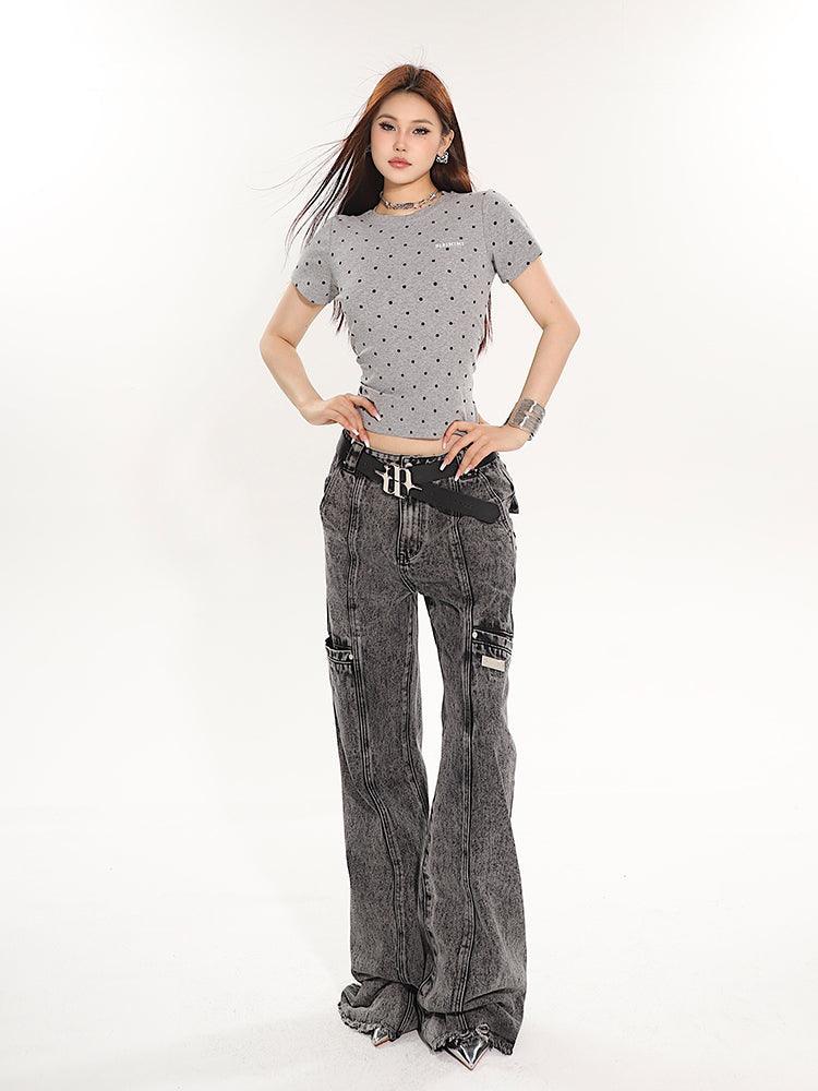 Full-Length Washed and Distressed Straight-Leg Jeans - chiclara