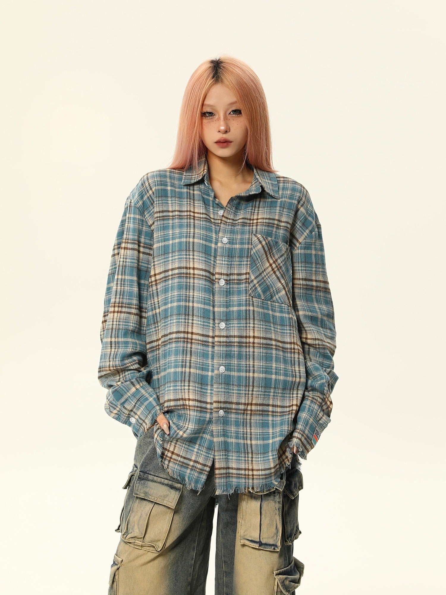 Distressed Plaid Flannel Checked Shirt