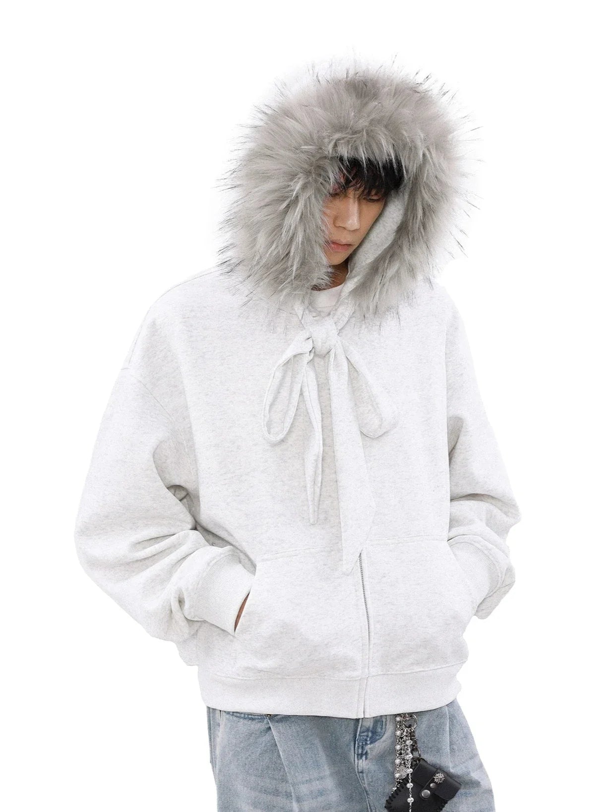 Faux Fur Hood Trim Zip-Up Hoodie