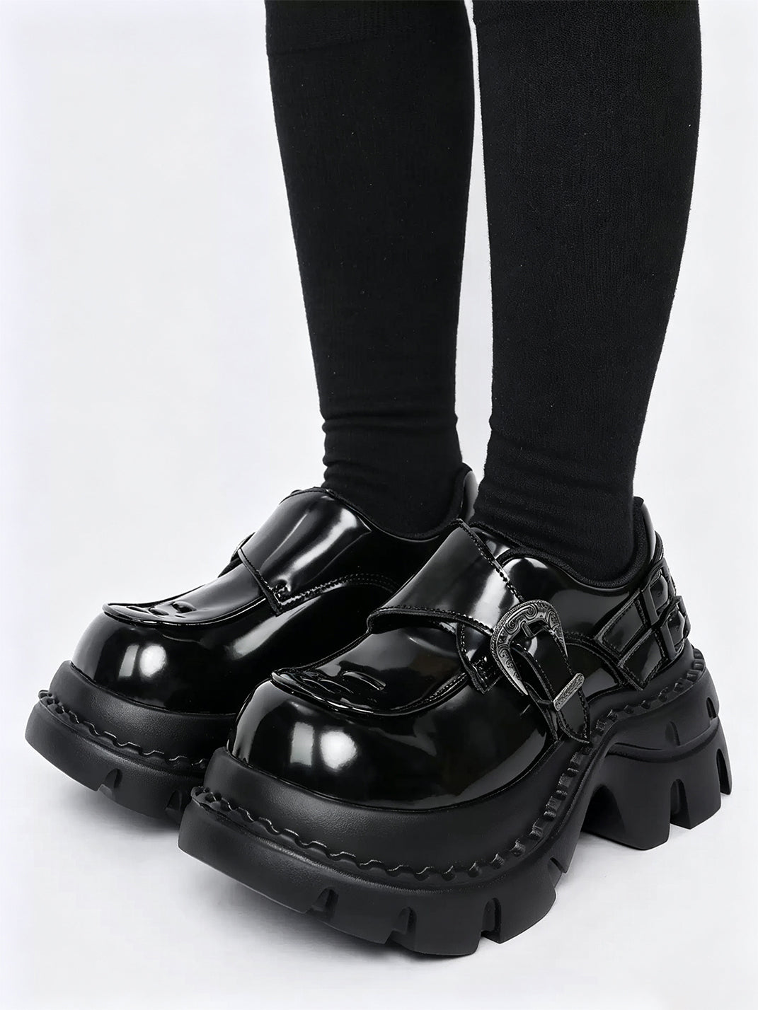 Glossy Buckle Lug-Platform Block-Heel Loafers - view 5