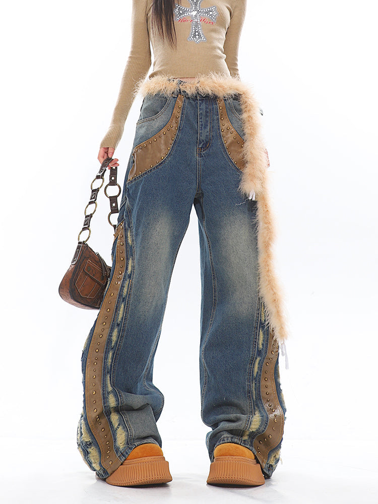 Studded Distressed Wide Leg Jeans