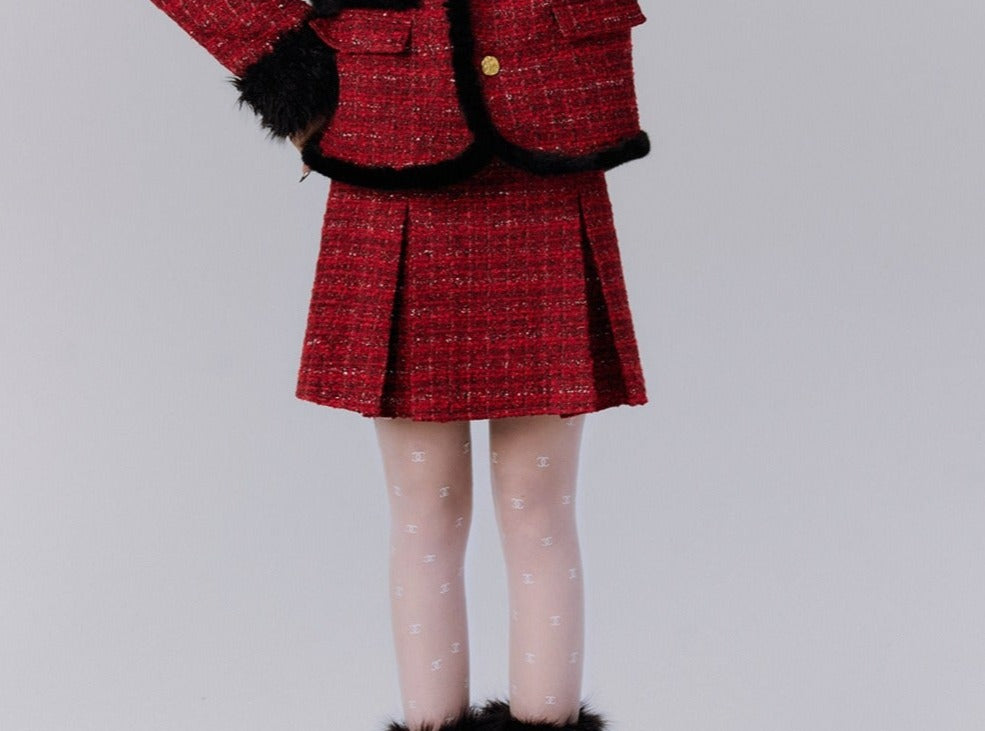 Luxe Burgundy Tweed Set: Fur-Trimmed Blazer and Pleated Mini Skirt