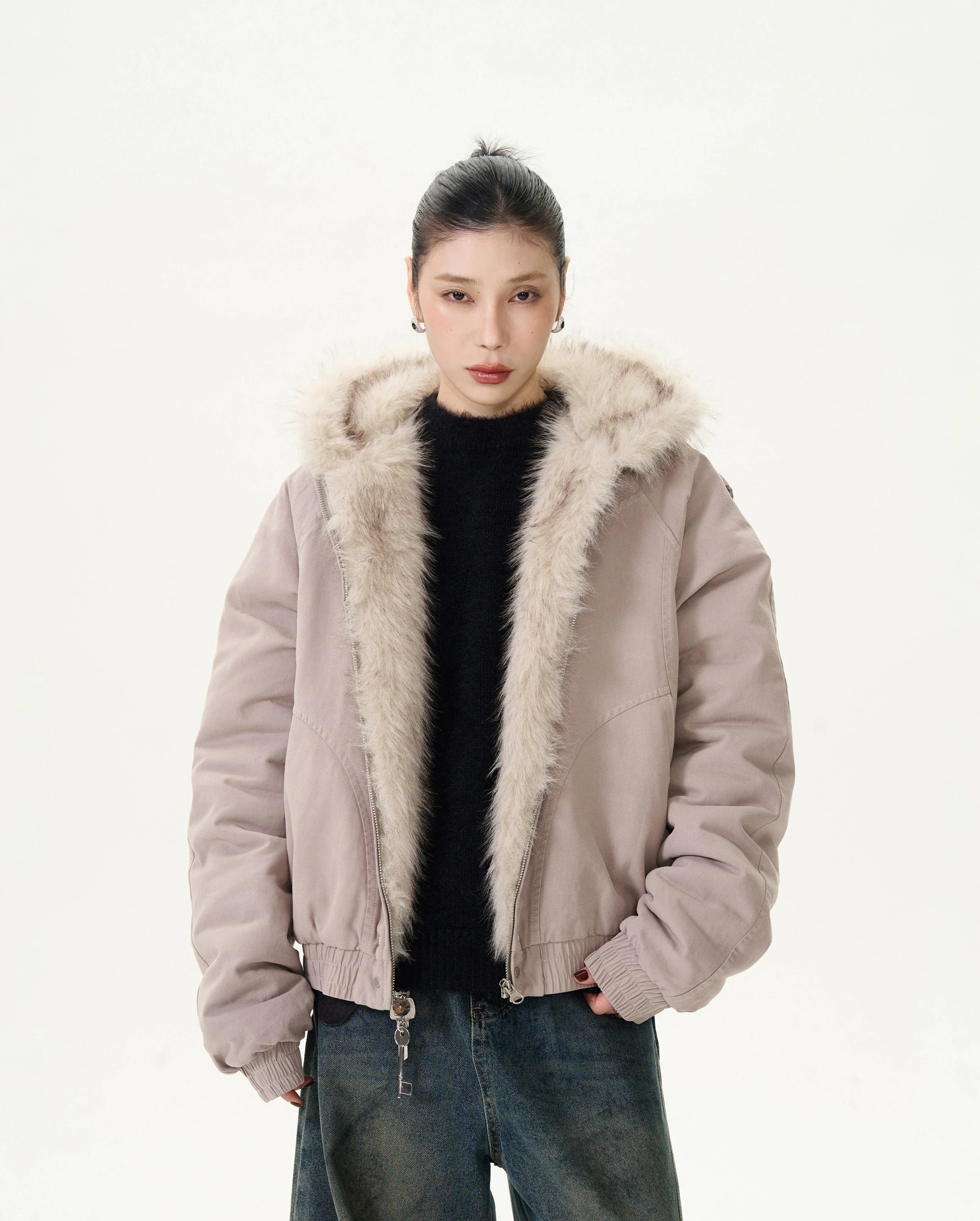 Fur-Trimmed Hooded Bomber Jacket