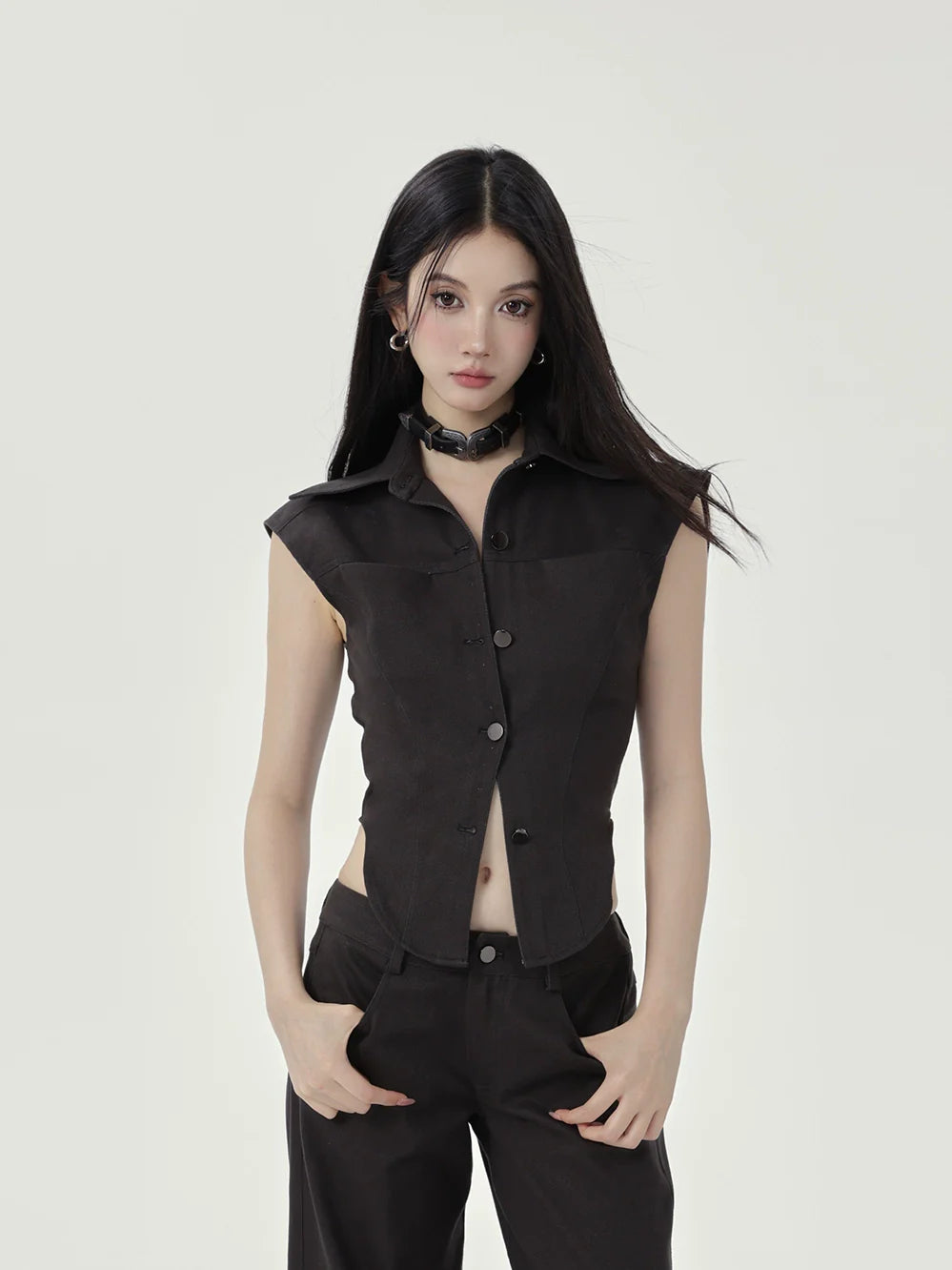 Black Sleeveless Button-Up Top