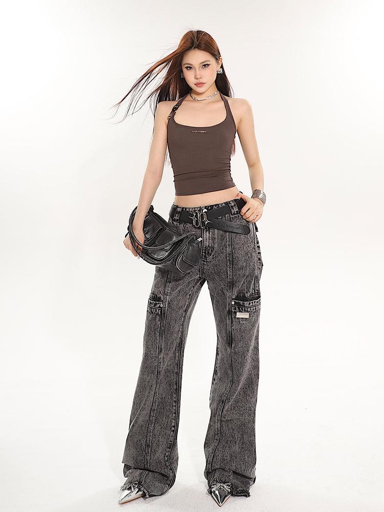 Full-Length Washed and Distressed Straight-Leg Jeans - chiclara