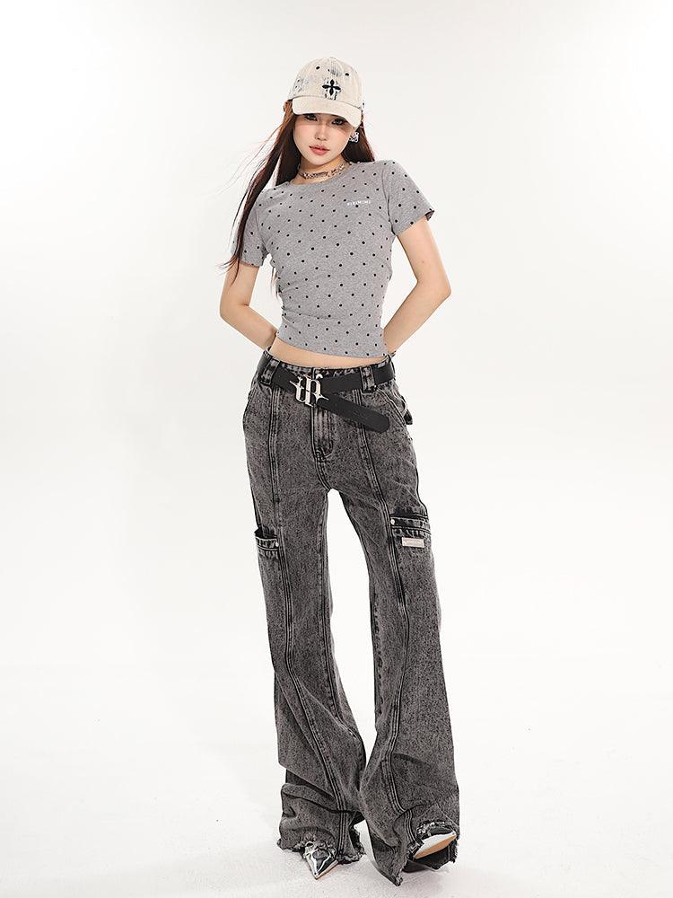 Full-Length Washed and Distressed Straight-Leg Jeans - chiclara