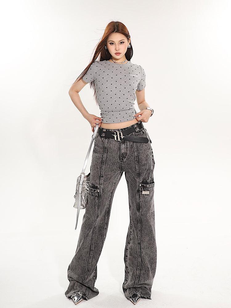 Full-Length Washed and Distressed Straight-Leg Jeans - chiclara