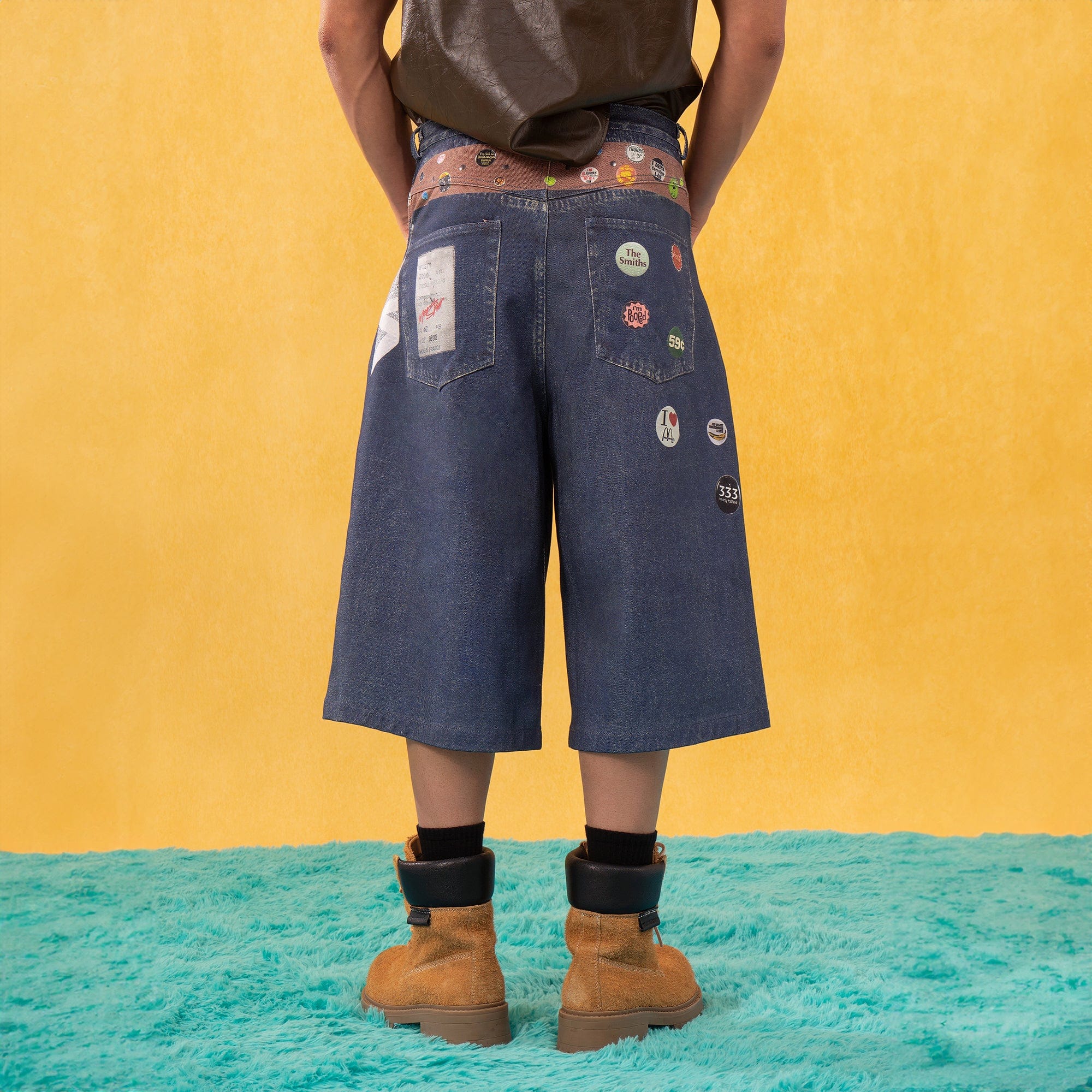 Wide-Leg Denim Shorts with Graphic Print and Button Details