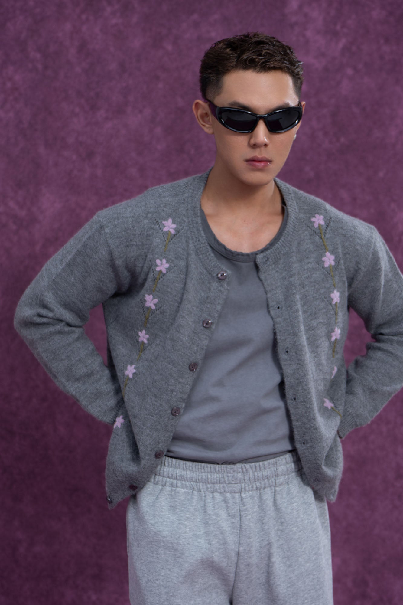 Gray Floral Line Embroidered Cardigan