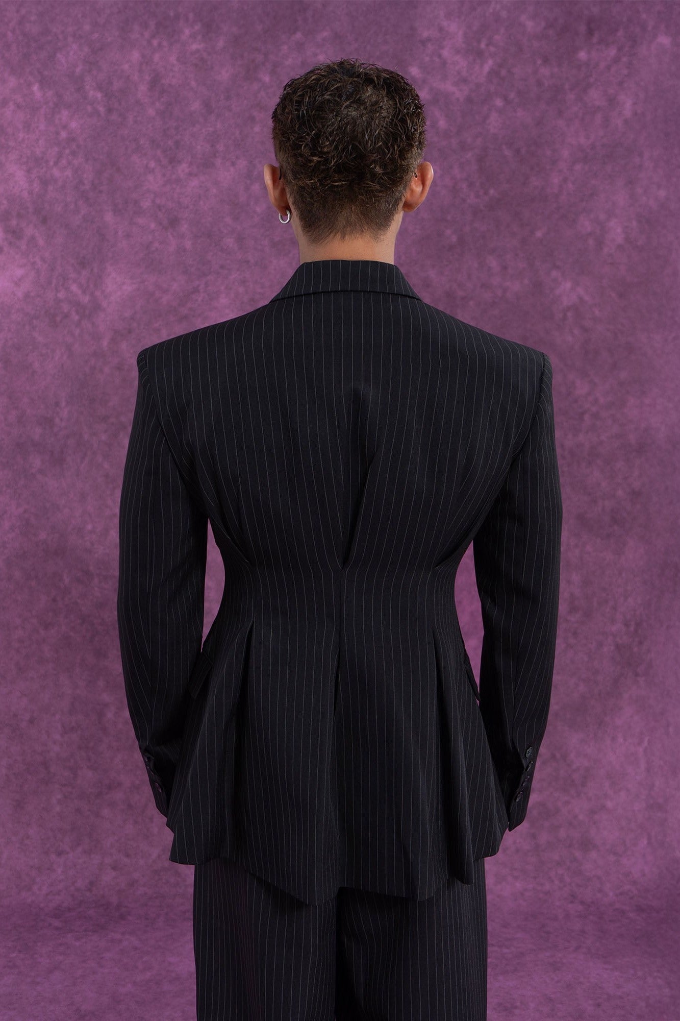 Black Pinstripe Cinched Waist Double-Breasted Blazer