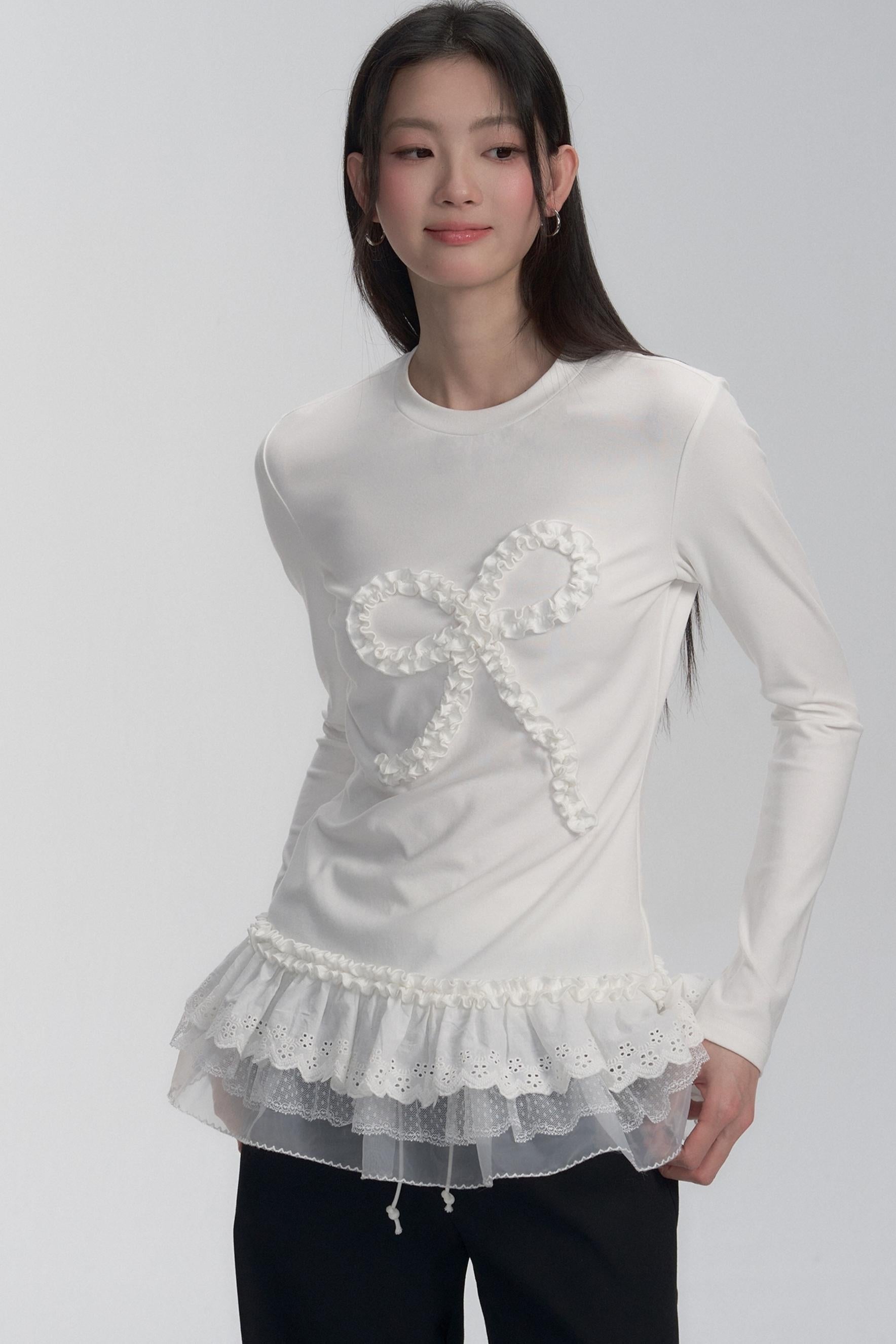 Ruffle Bow Lace Trim Sweater