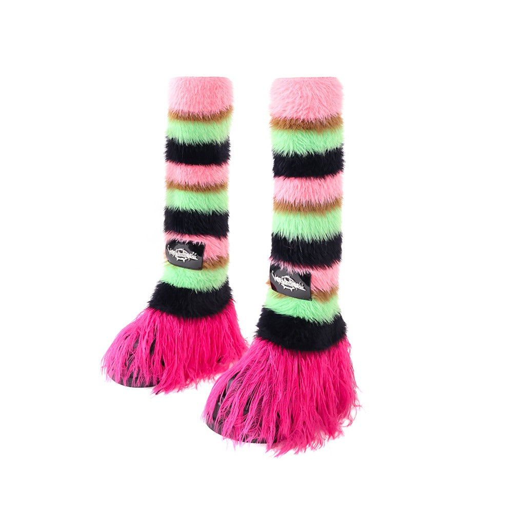 PINKSPINK Candy Stripe Fuzzy Leg Warmers - Pink/Green/Black