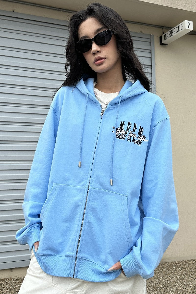 Zip-Up Hoodie with Enjoy Your Life Print - chiclara