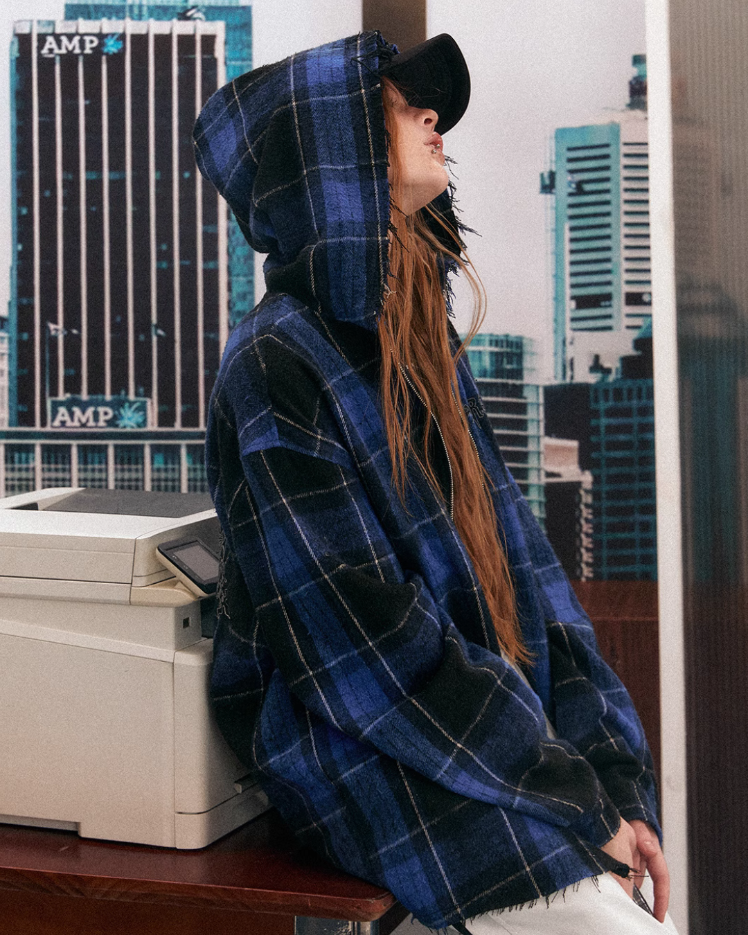 Veste à capuche surdimensionnée à plaid bleu