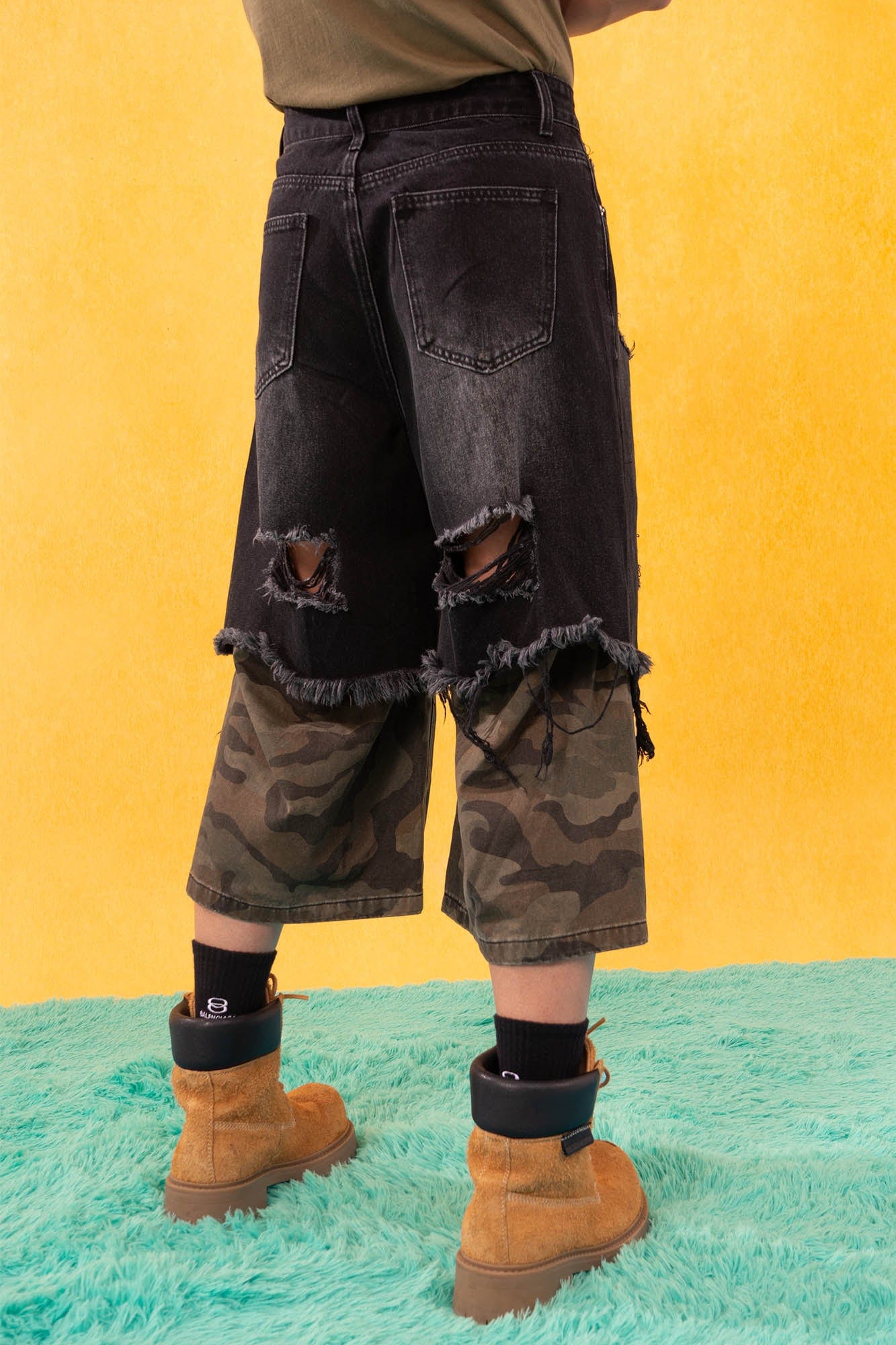 Camo Patchwork Distressed Denim Shorts