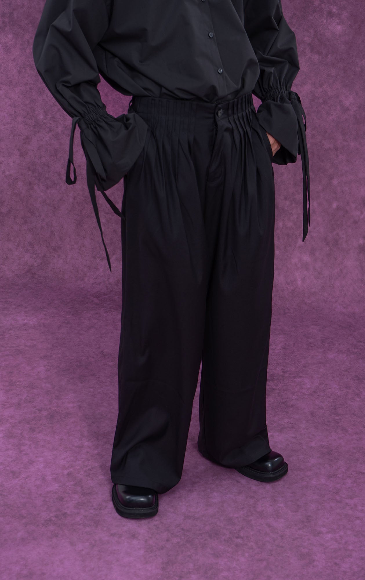 Pleated Waist Black Wide-Leg Trousers