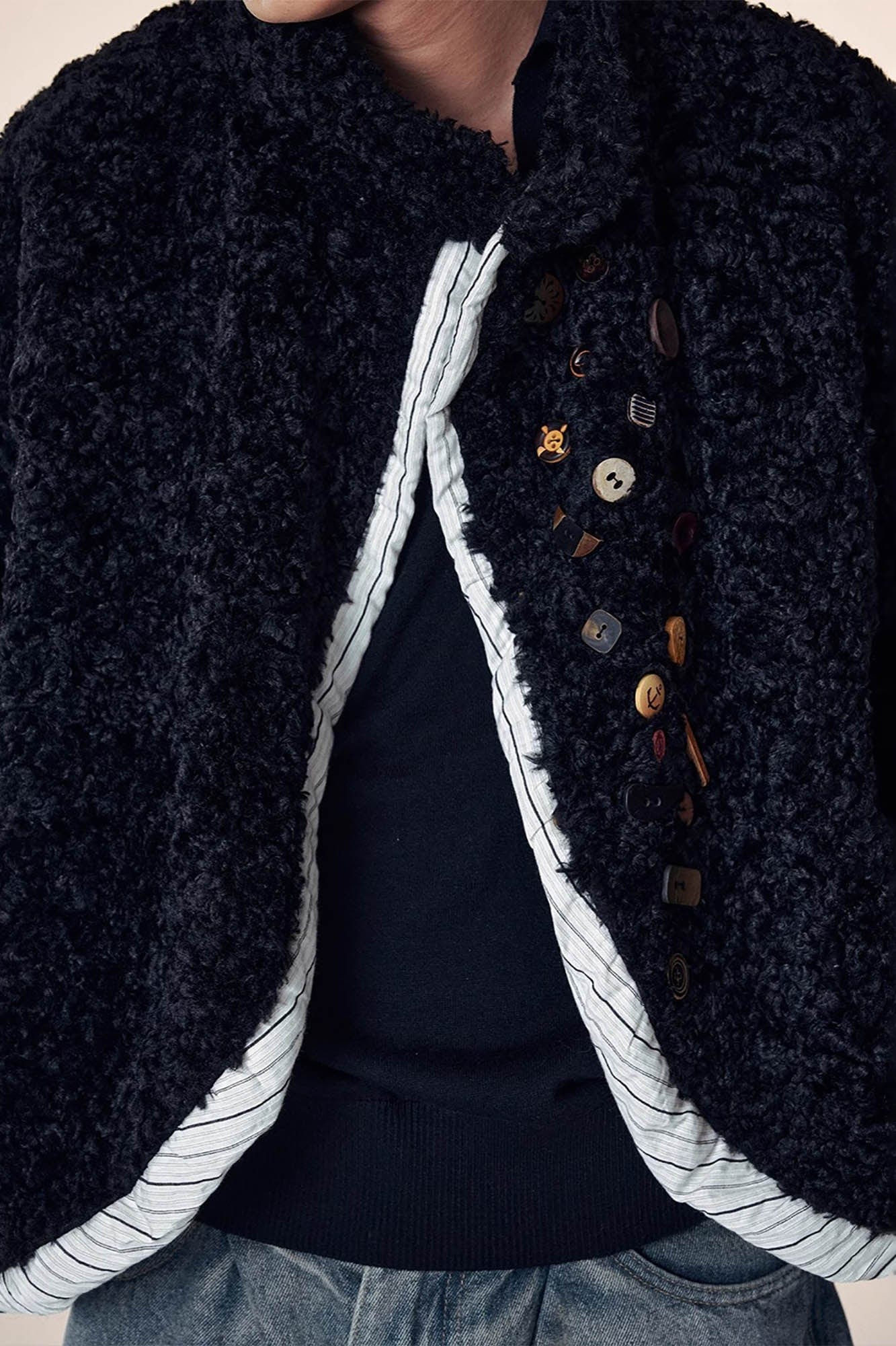Button Embellished Curly Fleece Jacket