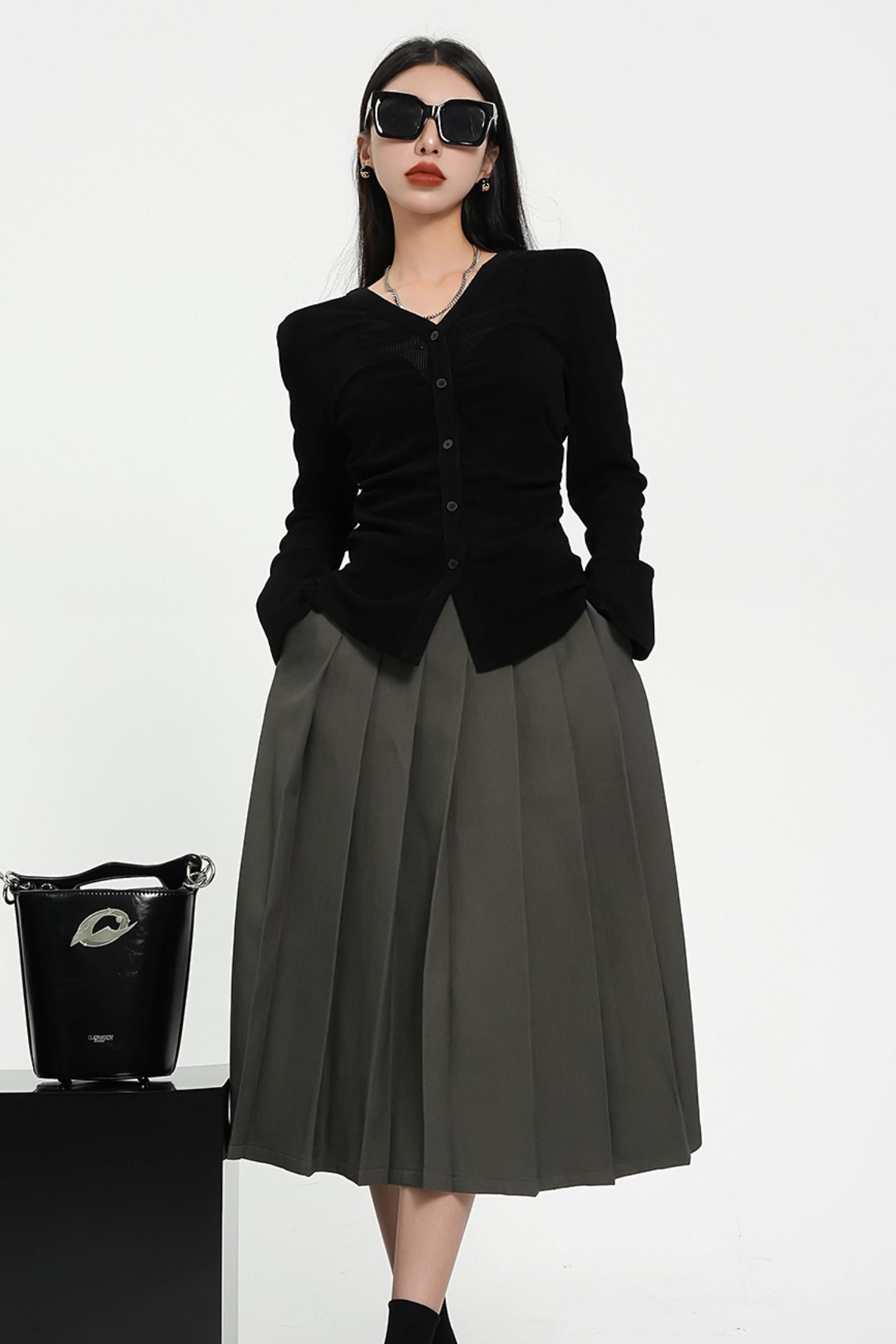 Pleated Midi Skirt - High-Waisted A-Line Olive Green Office Wear