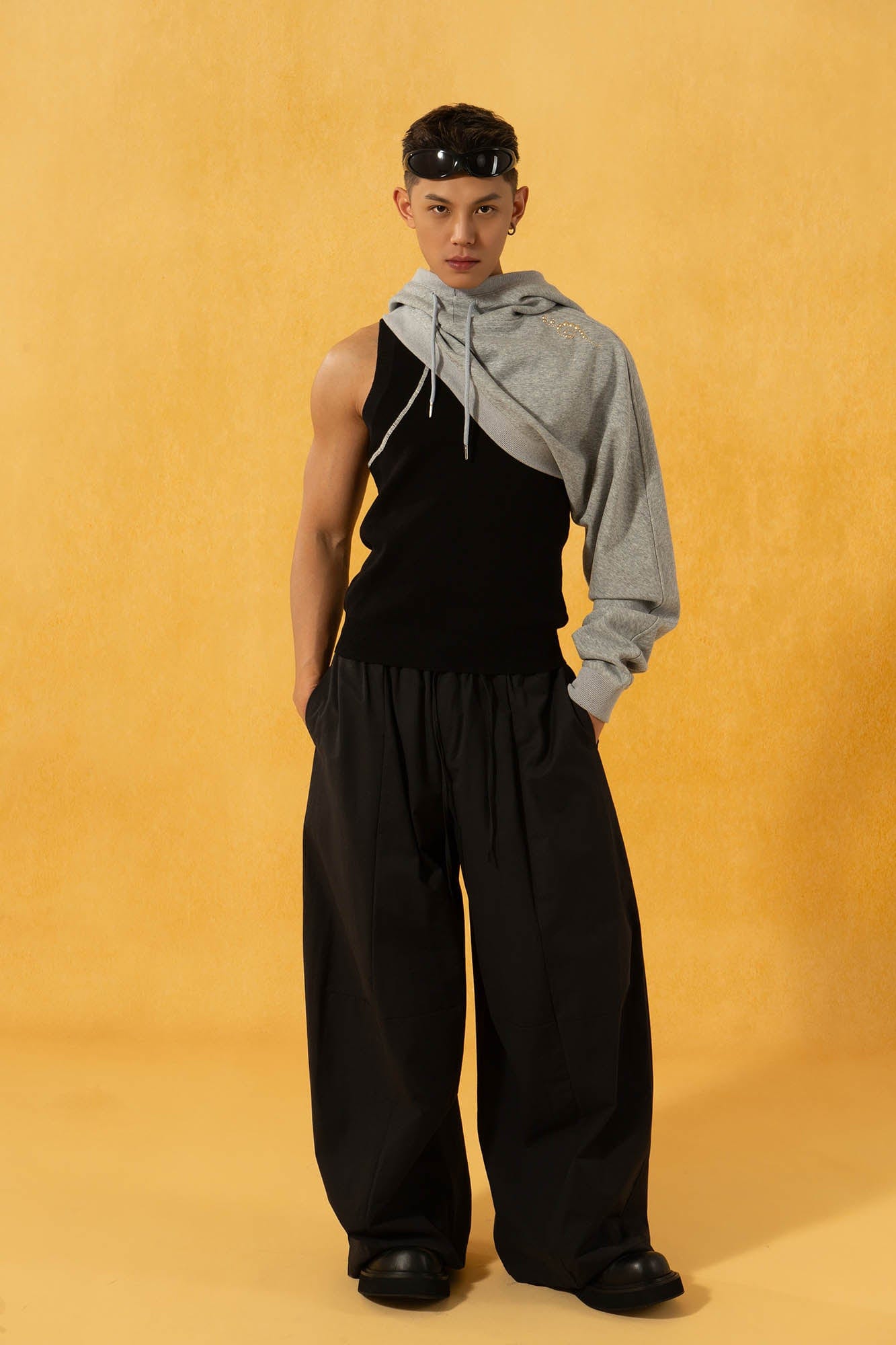 Spliced Wide-Leg Drawstring Pants