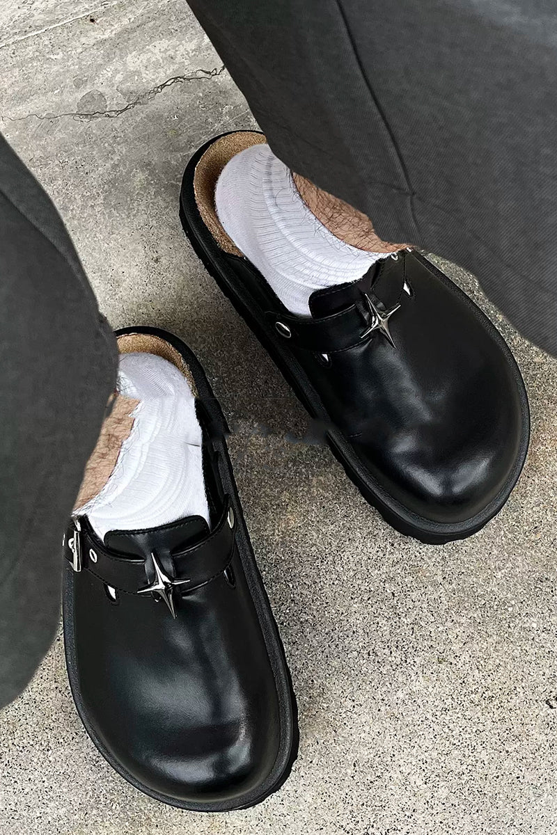 Black Leather Platform Clogs with Buckle Detail