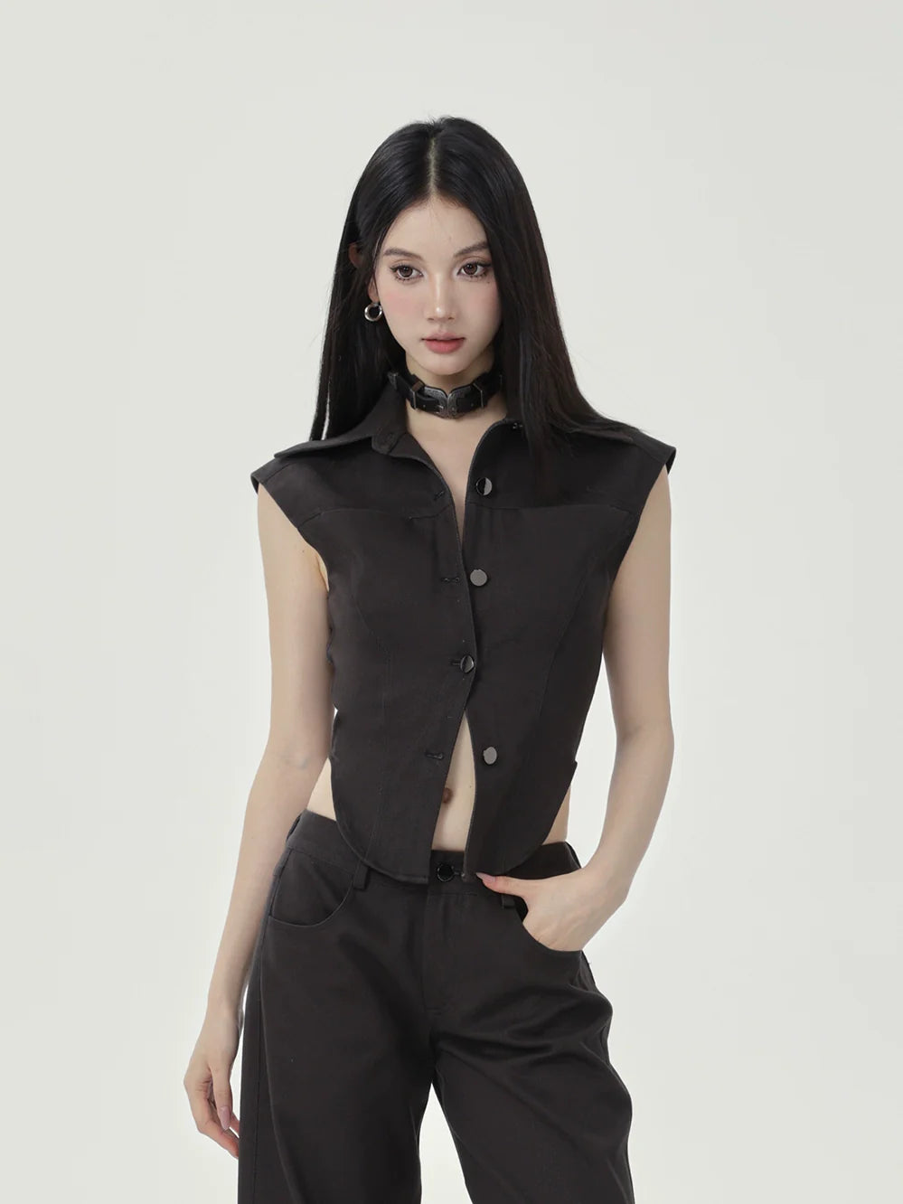 Black Sleeveless Button-Up Top