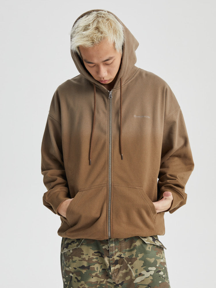 Trendy Washed Gradation Dye Zipper Hoodie - chiclara