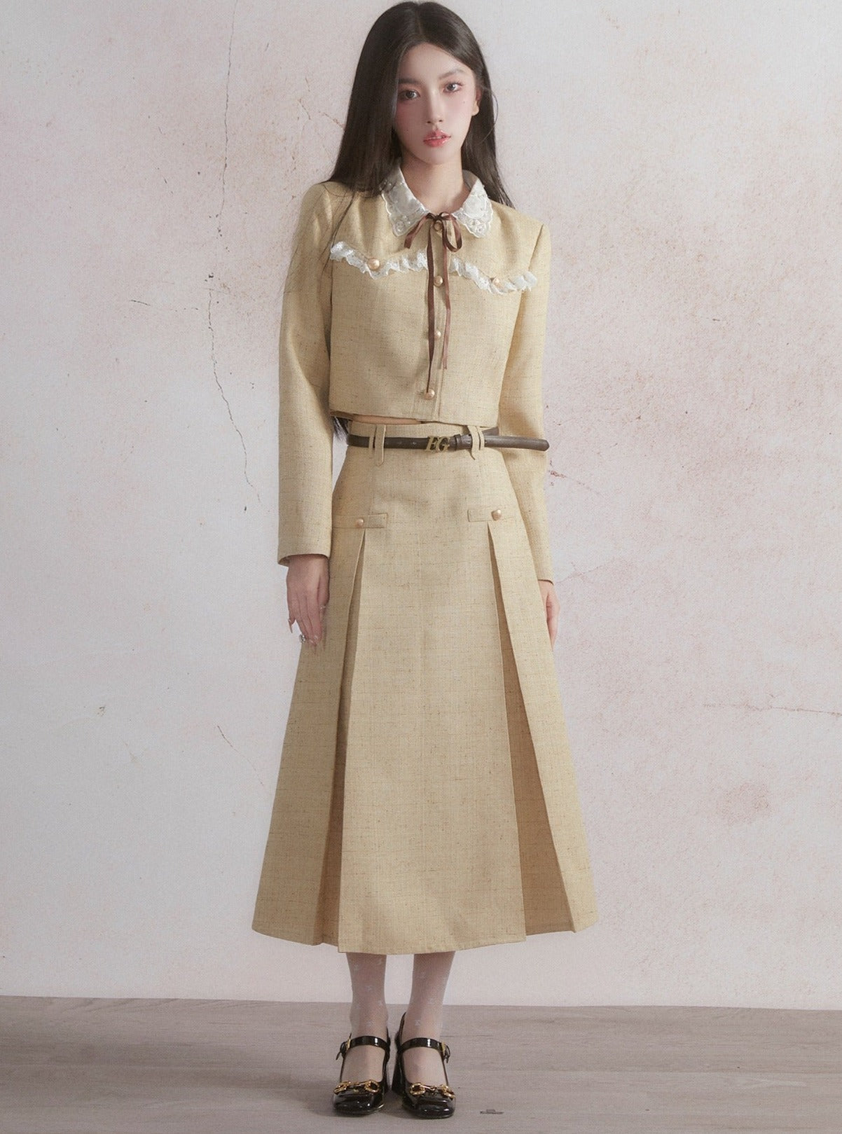 Vintage Prairie Chic Crop Jacket and A-Line Midi Skirt Set - Golden Wheat