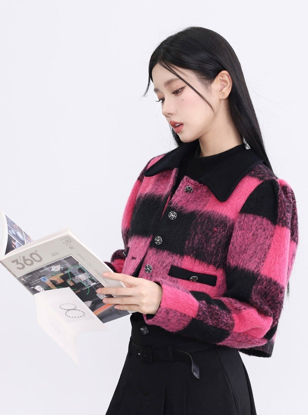 Bold Buffalo Plaid Cropped Jacket: Pink and Black Fuzzy Wool Blend with Contrast Collar