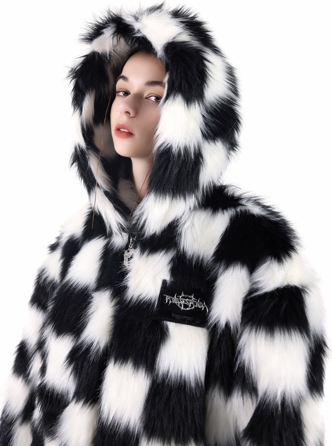 PINKSPINK Checkered Faux Fur Jacket - Black and White