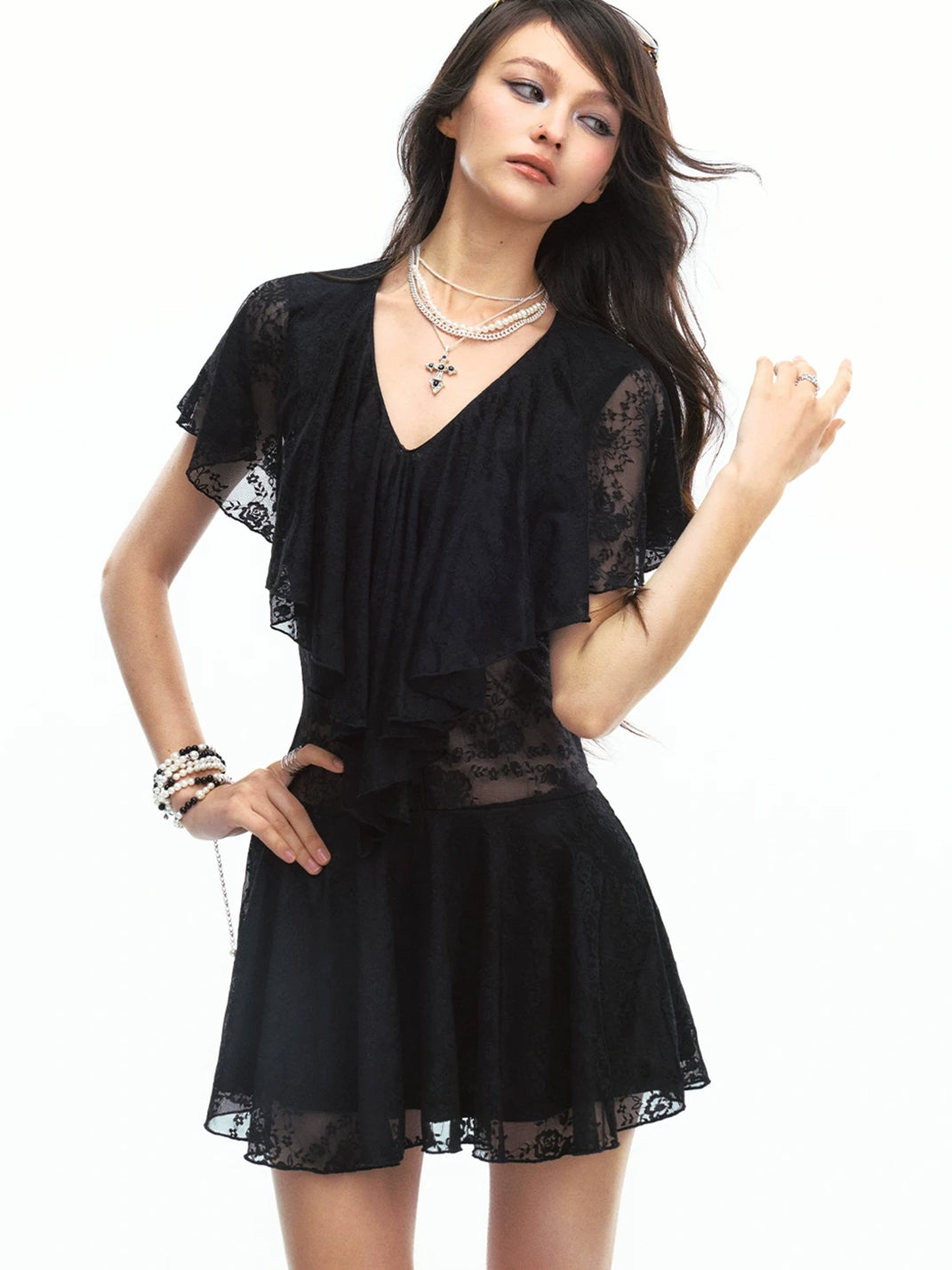 Black Flutter-Ruffle Lace-Waist Mini Dress - view 3